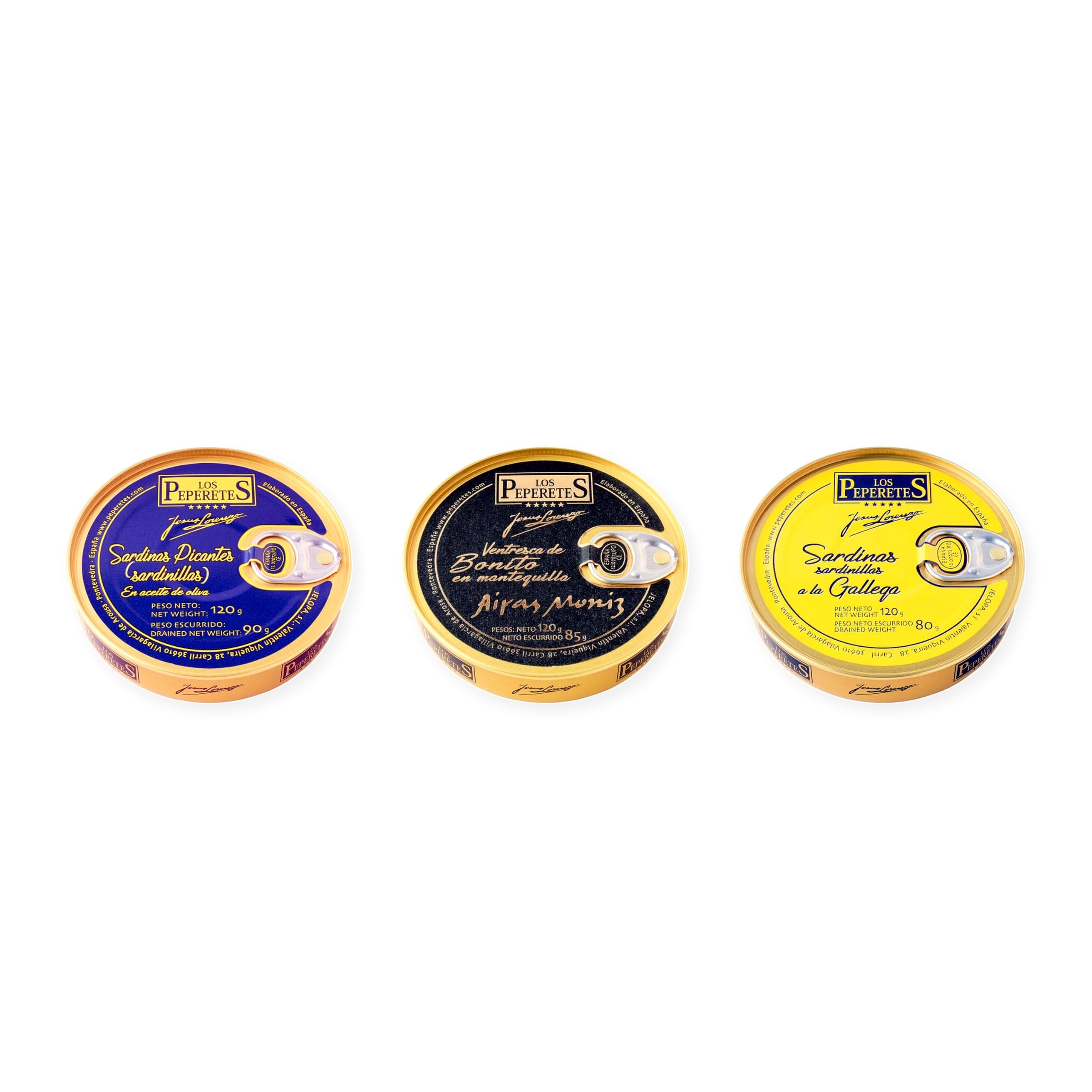 los peperetes conservas Sardinillas Picantes, Ventresca Bonito Mantequilla y Sardinillas Gallega pack 3 latas