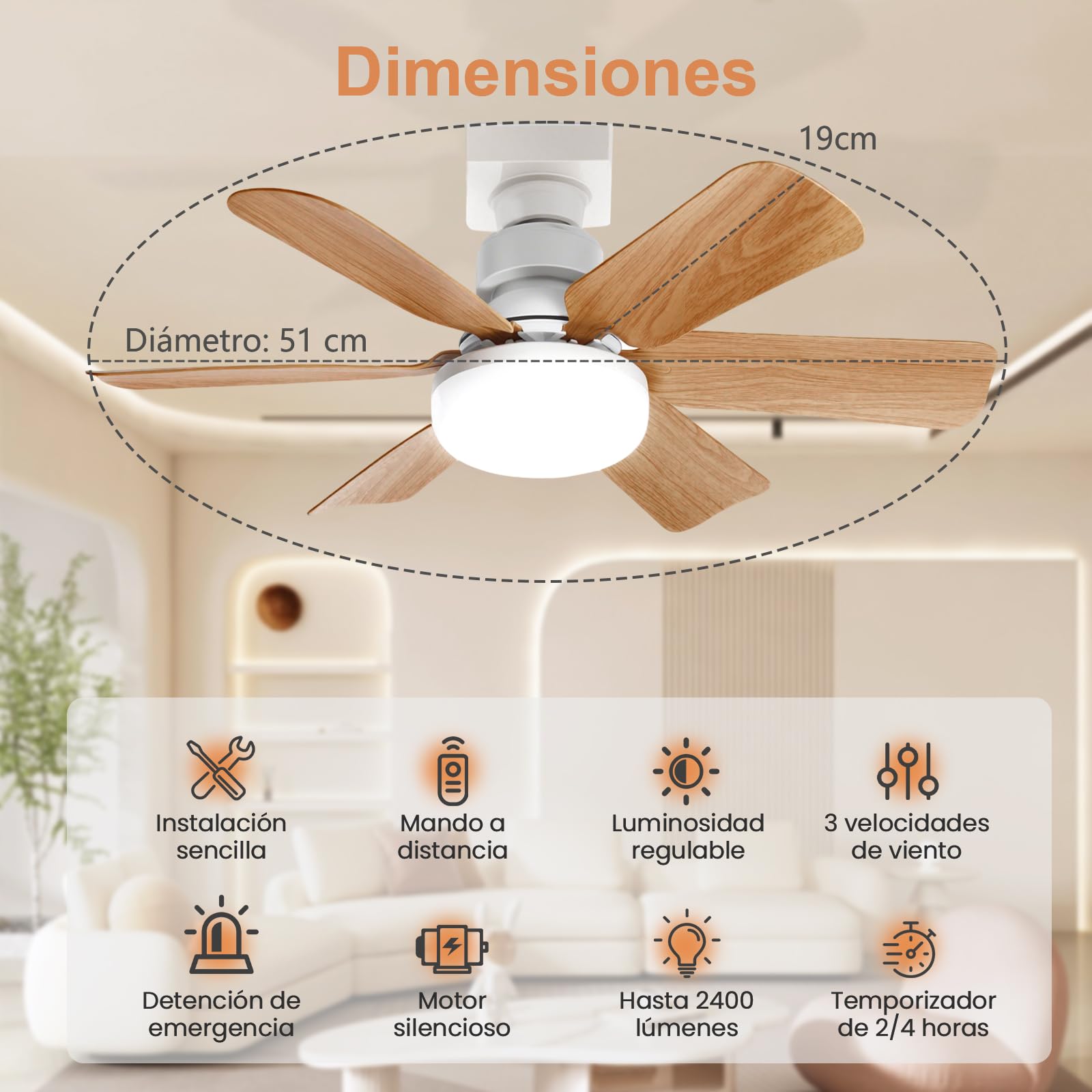 Ventilador de Techo con Luz y Mando a Distancia,51CM,Vetas de Madera,Regulación Continua de Luz, 3 Velocidades, Temperatura de Color Regulable Continua,Para Dormitorio, Balcón, Pasillo y Salón