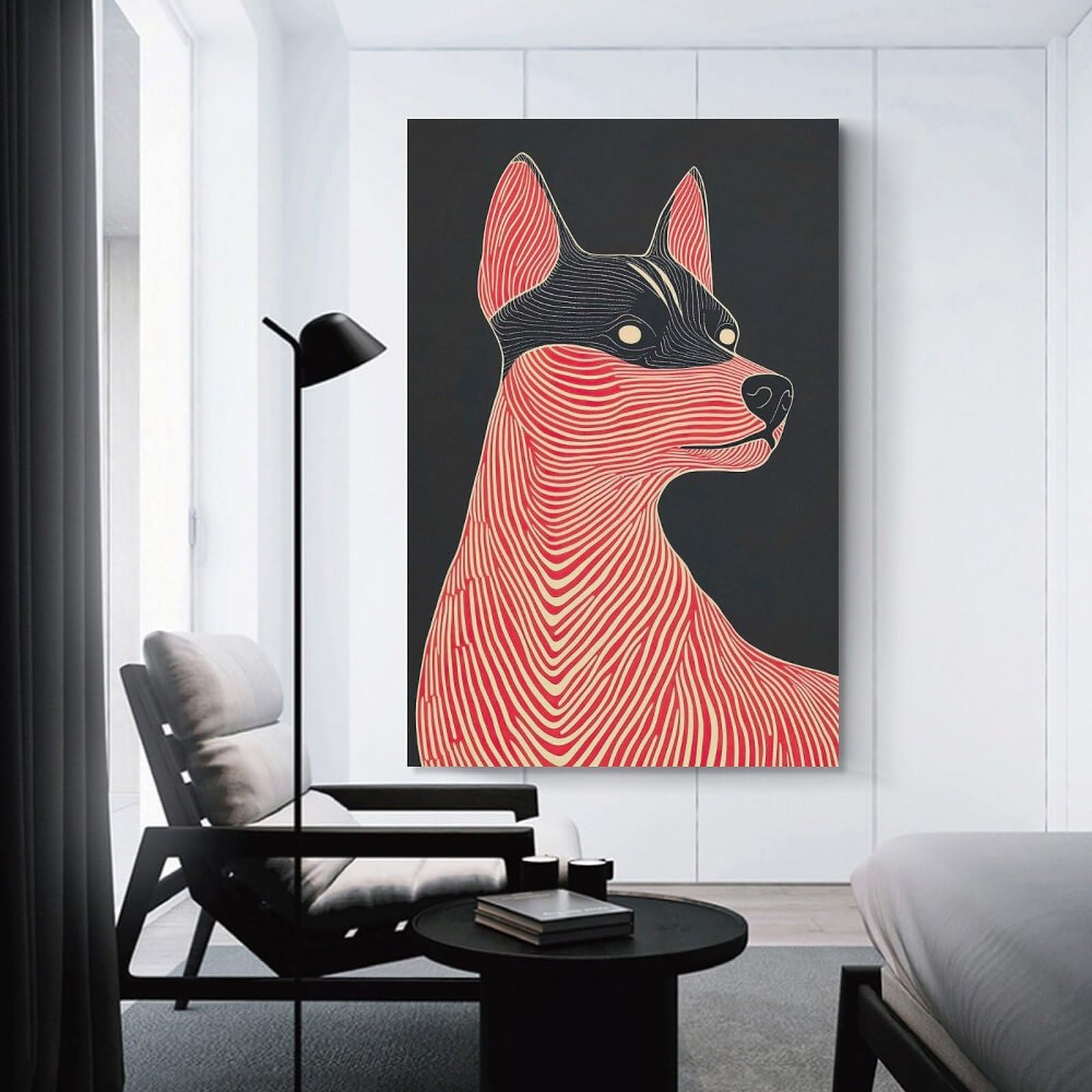 Junmoney Striped Dog Portrait Hanging Wall Art 08x12inch(20x30cm), for New Homes, Bedrooms Or Workspaces, Thoughtful Wall Decor for Art Lovers
