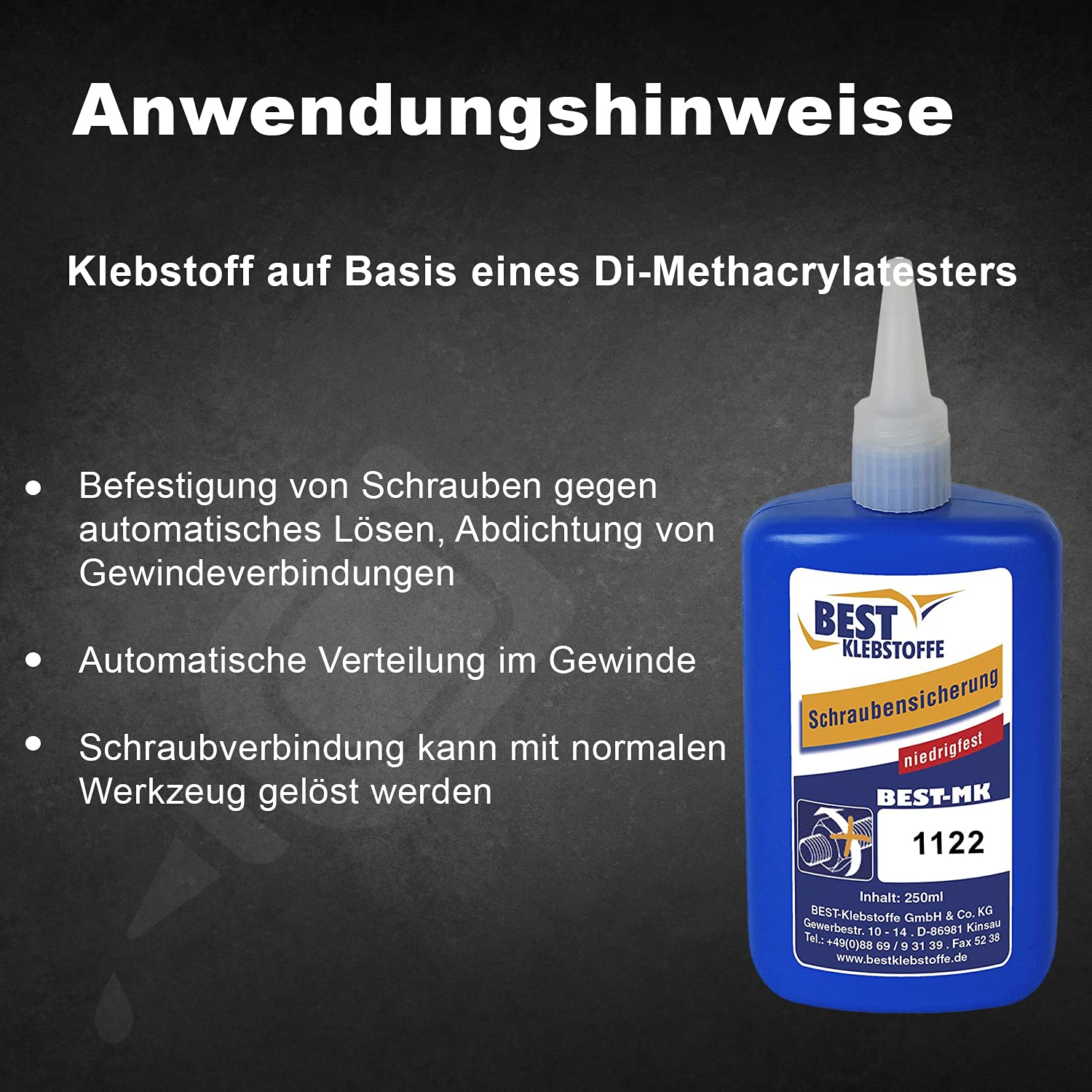 BEST KLEBSTOFF - MK 1122 | Schraubensicherung niedrigfest | 250g | für wiederlösbare Verbindungen | Mittelviskos | spezieller Universalkleber | Gewindedichtmittel
