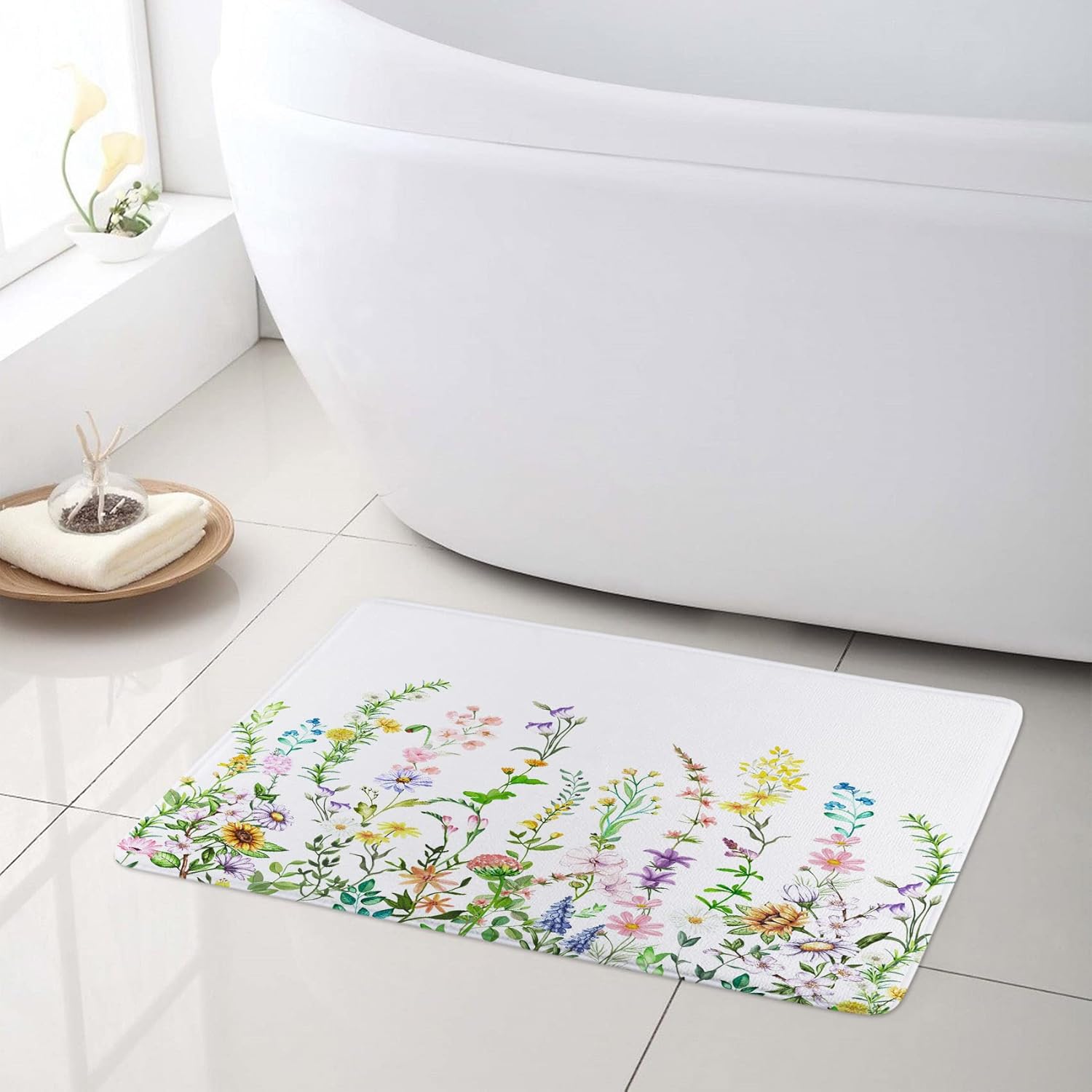 LB Spring Floral Shower Curtain Sets with Rugs Colorful Wildflower and Sunflower Green Leaf on White Fabric Shower Curtain with Hooks Country Plant Bathroom Curtains Shower Set, 72x72 inches