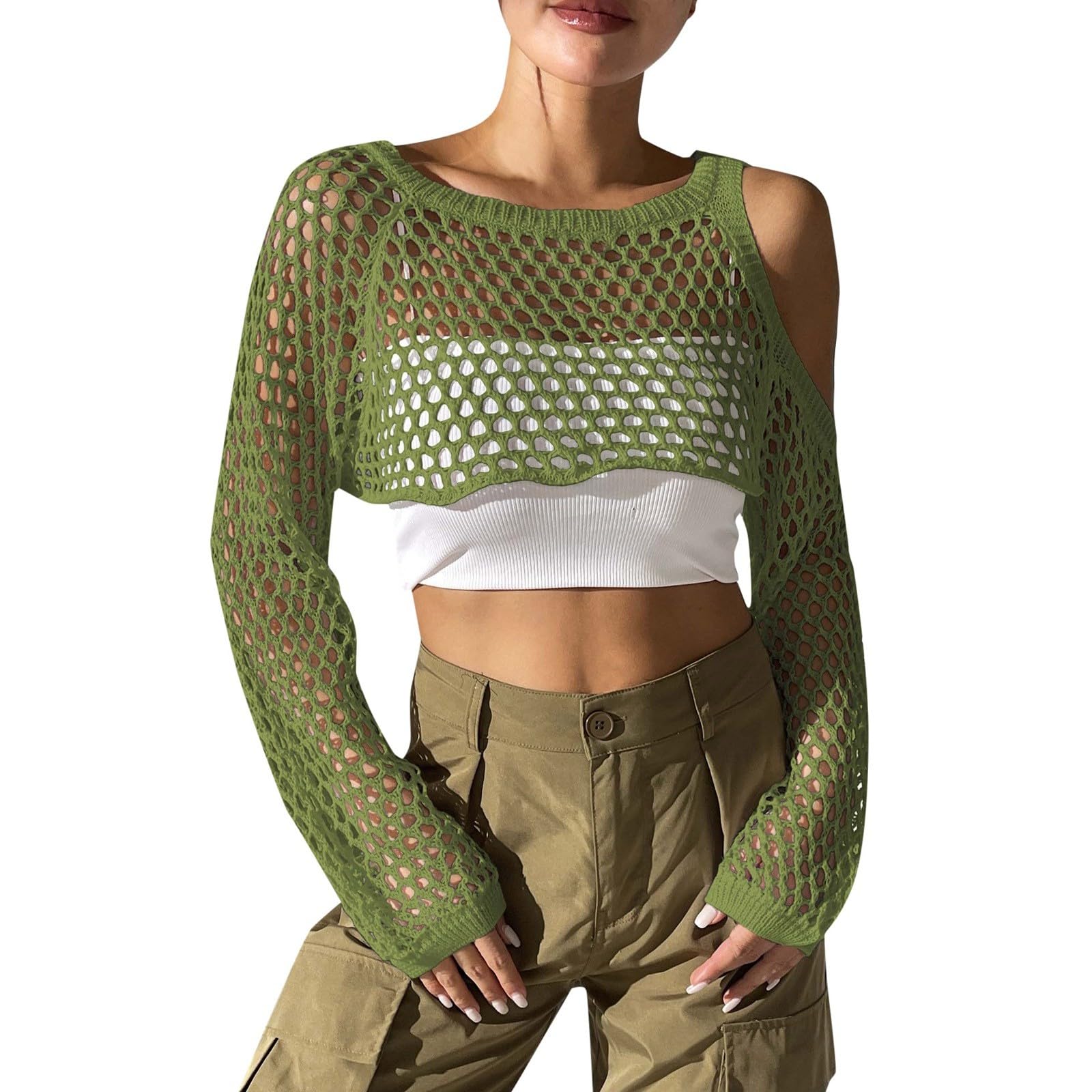 Mesh Fishnet Top for Women, Long Sleeve Novelty Off Shoulder Crop Top Hollow Out Knitted Cover Up Casual Stylish Ladies Outerwear Disco Carnival Music Festival Clubwear (Army Green, One Size)