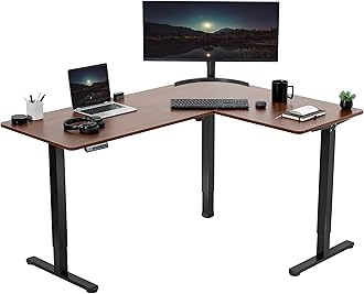 Corner Standing Desk, 63 x 47 inch Reversible L-Shaped Workstation, Electric Height Adjustment, Home, Office, and Reception Rooms, Dark Walnut Table Top Black Frame, DESK-E3CTD-47
