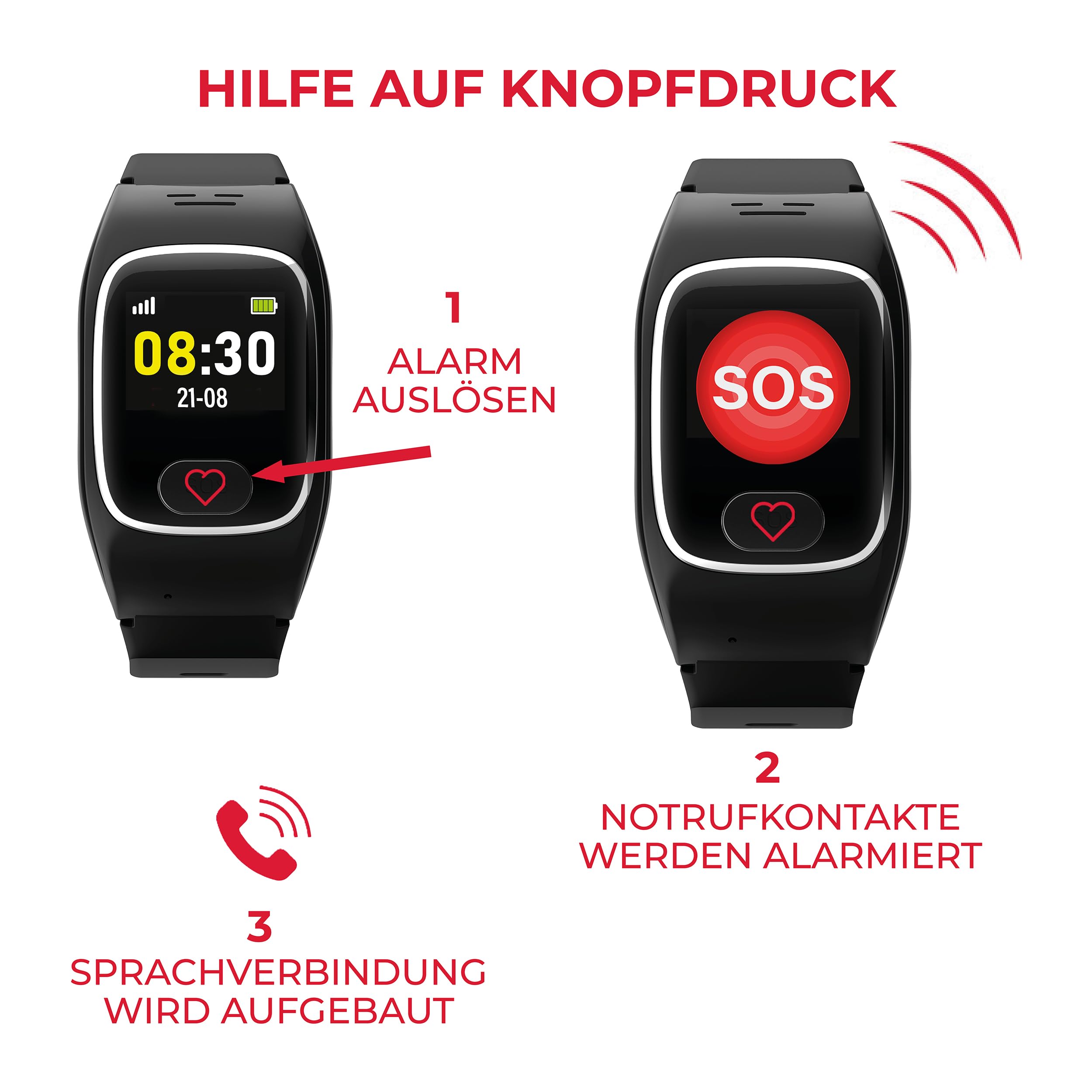 James B8 Notruf- & Sicherheitsuhr für Senioren (Schwarz) mit GPS, Sturzerkennung, SOS-Knopf, Pulsmessung & Gesundheitsfunktionen, Familien-App, lauter Alarm, inkl. SIM-Karte & 2 Gratis-Monate Tarif