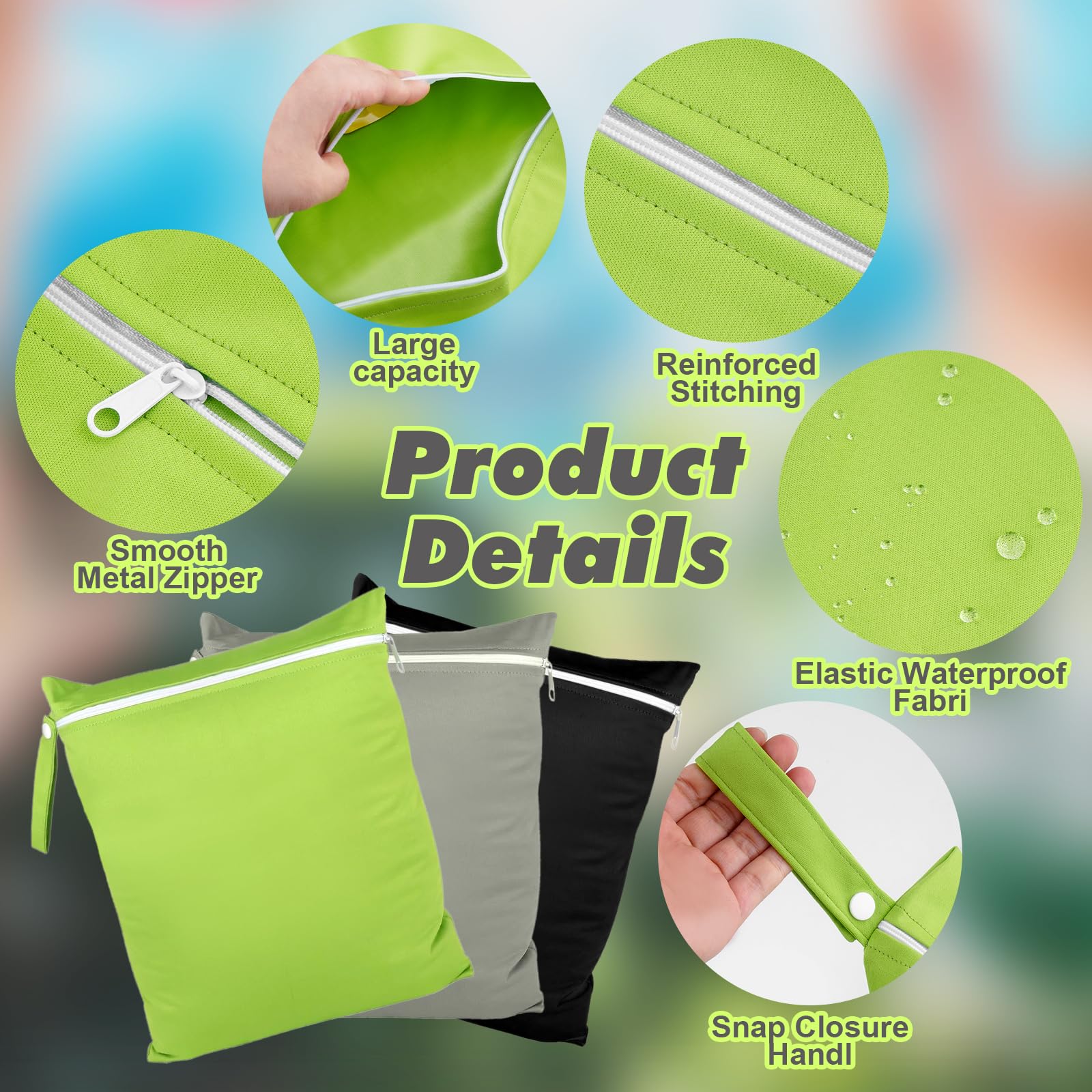 Wetbag Impermeabile 40x30 cm 3 Pezzi con Cerniera Riutilizzabile Nero Grigio Verde