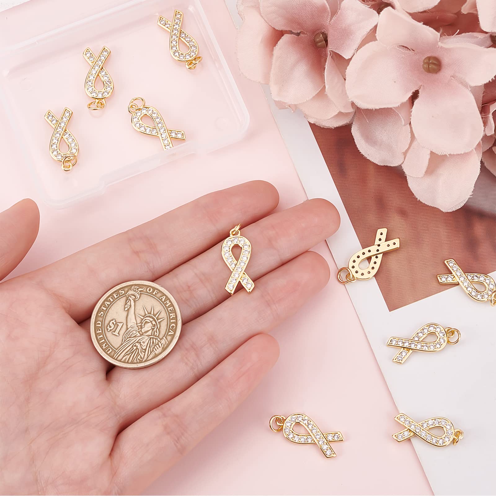 Cœur Plaqué Or 18K Beebeecraft 1 Boîte De 10 Breloques Ruban De Sensibilisation En Laiton Goodies Octobre Rose