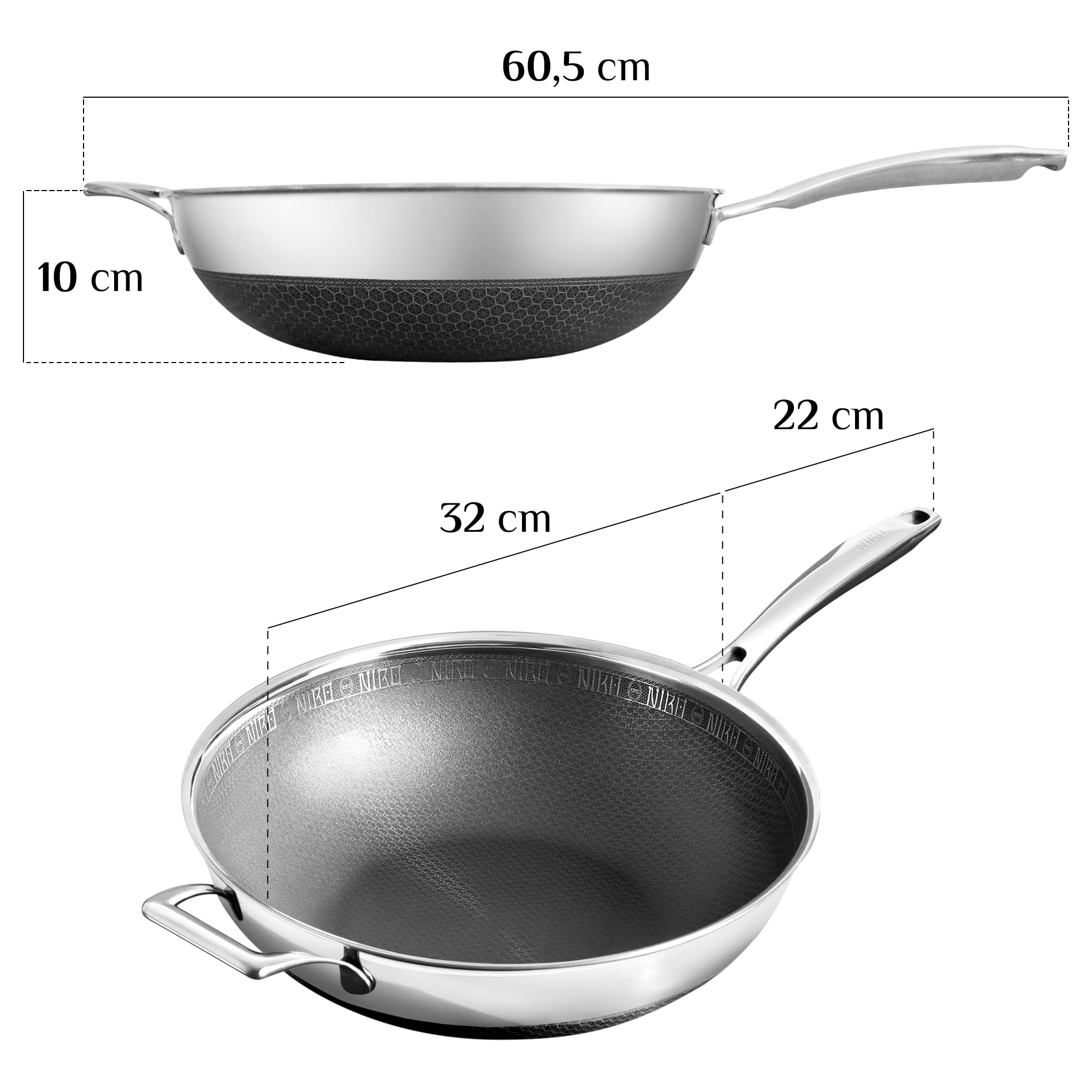 NIRO Wok Antiaderente Ø32 cm, Padella con Rivestimento Antigraffio, Triplo strato (Acciaio Inox e Alluminio), Per Piano Cottura Induzione, Ceramica, Elettrico, Gas e Forno, Manico Anti Scottatura