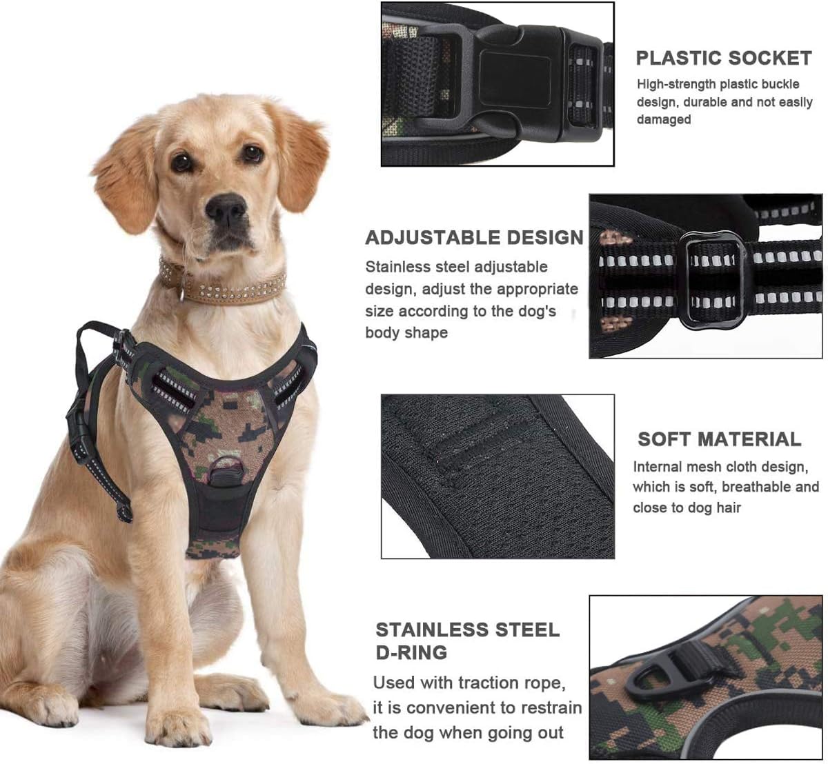 Vovodog Dog Harness No-Pull Pet Harness, Adjustable Outdoor Walking Pet Reflective Oxford Soft Vest with 2 Metal Rings and Handle Easy Control for Small Medium Large Dogs