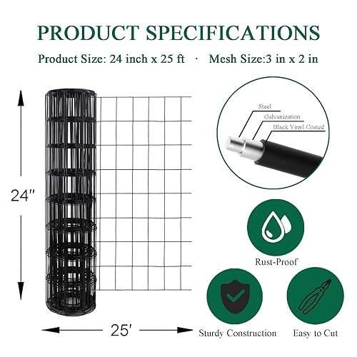 Miniatura 3 de Valla de alambre soldada con revestimiento de PVC negro de 24 pulgadas x 25 pies, 2 pulgadas x 3 pulgadas 16GA, rollo de cercado de borde de jardín