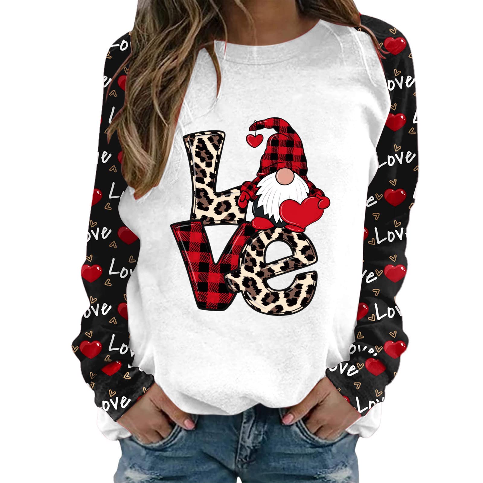 Women Casual Tops Valentine's Day Heart Printing Casual Pullover Sweatshirts Long Sleeve Sweatshirts