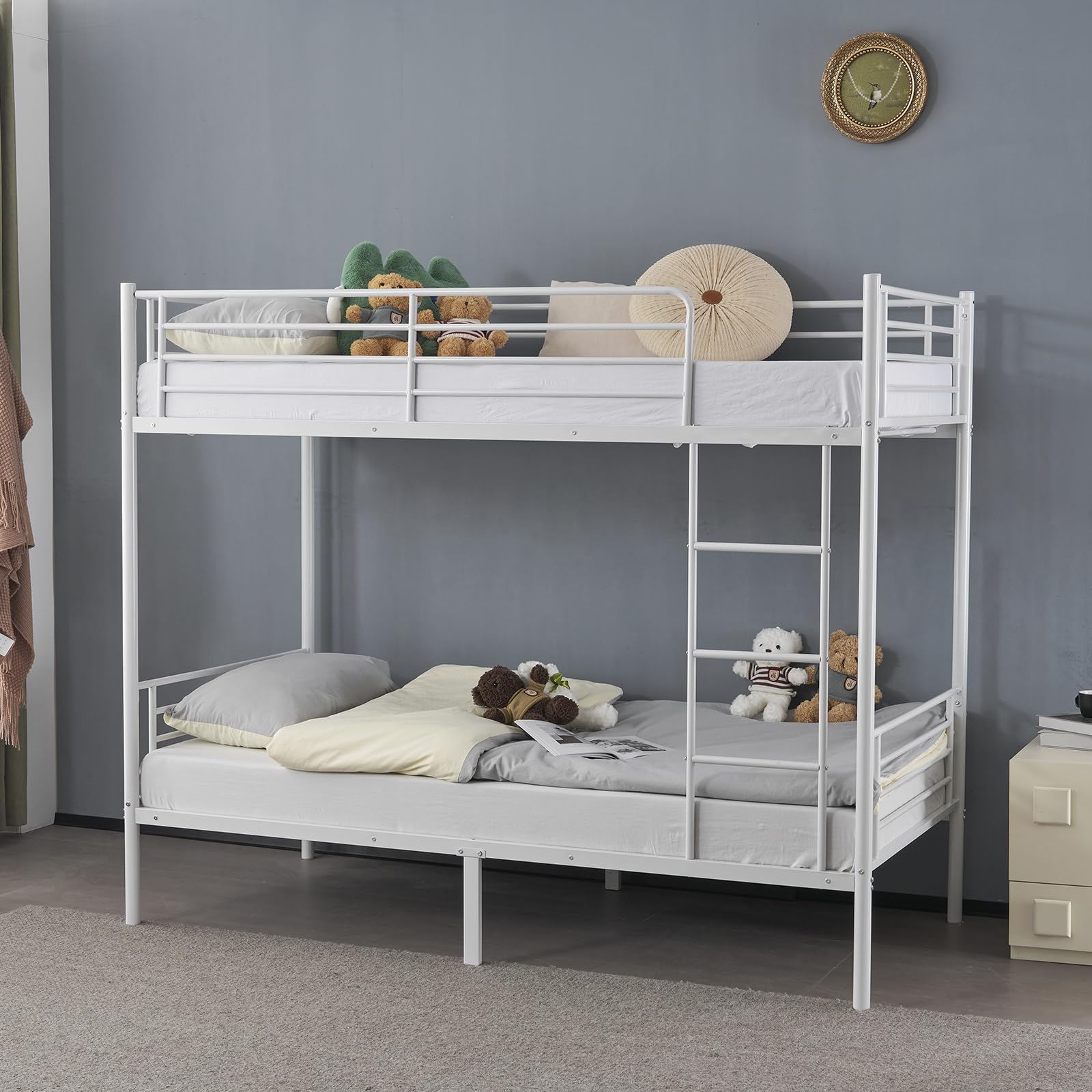 BOSTEU Twin Over Twin Bunk Bed Heavy Duty with 2 Drawers Double High Sleeper Bed with Ladder & Guard Rails for Adults Kids (white, no drawer)