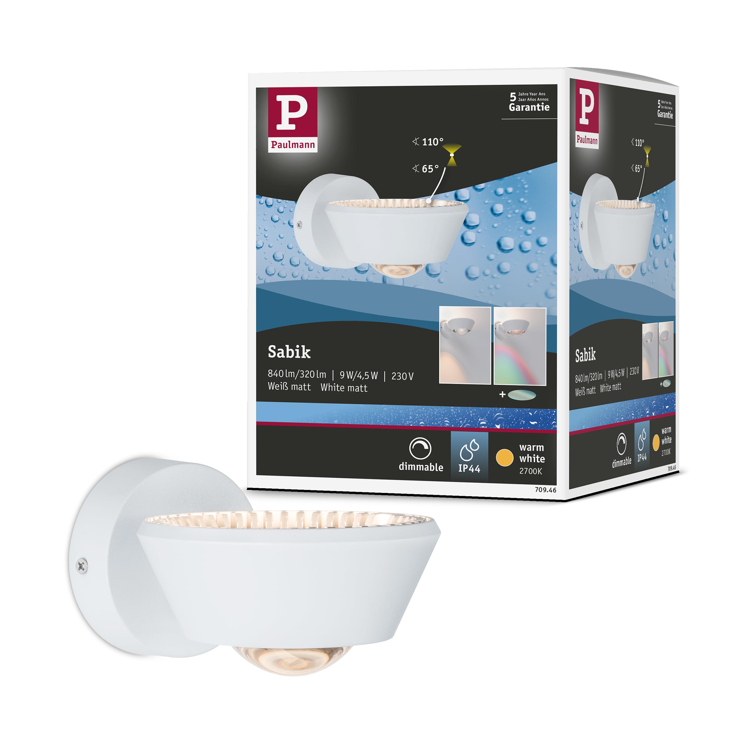 Paulmann 70946 Luminaria de techo LED WallCeiling Sabik IP44 230V redonda incl. 1x9 / 1x4 W regulable blanco mate lámpara de baño plástico 2700 K
