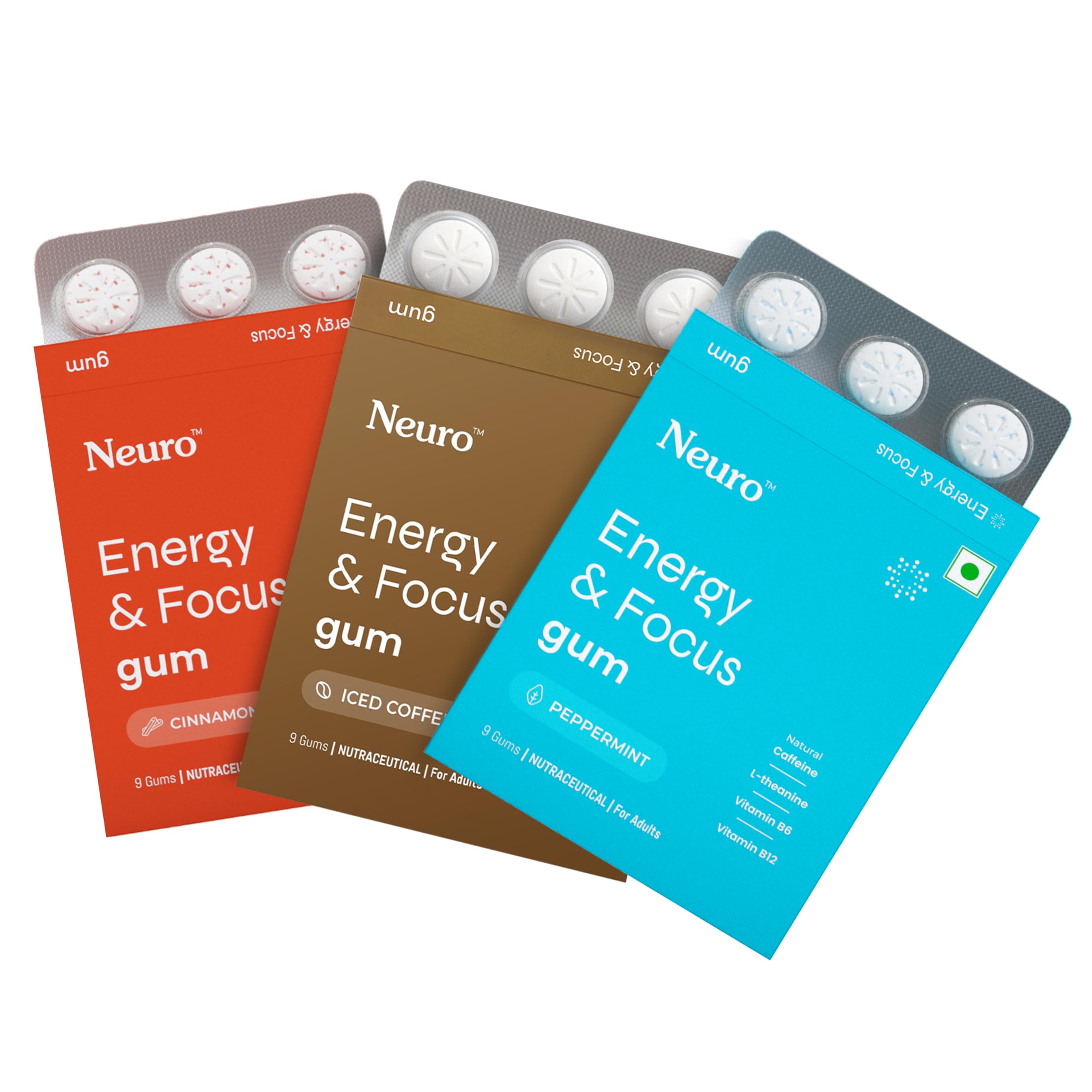 Neuro Energy & Focus Gum - Assorted Pack of 3 | Quick Energy Boost & Enhanced Focus | Natural Caffeine + 60 mg L-Theanine + Vitamin B6 & B12 | No Added Sugar | Aspartame Free | 18 Gums-image-42