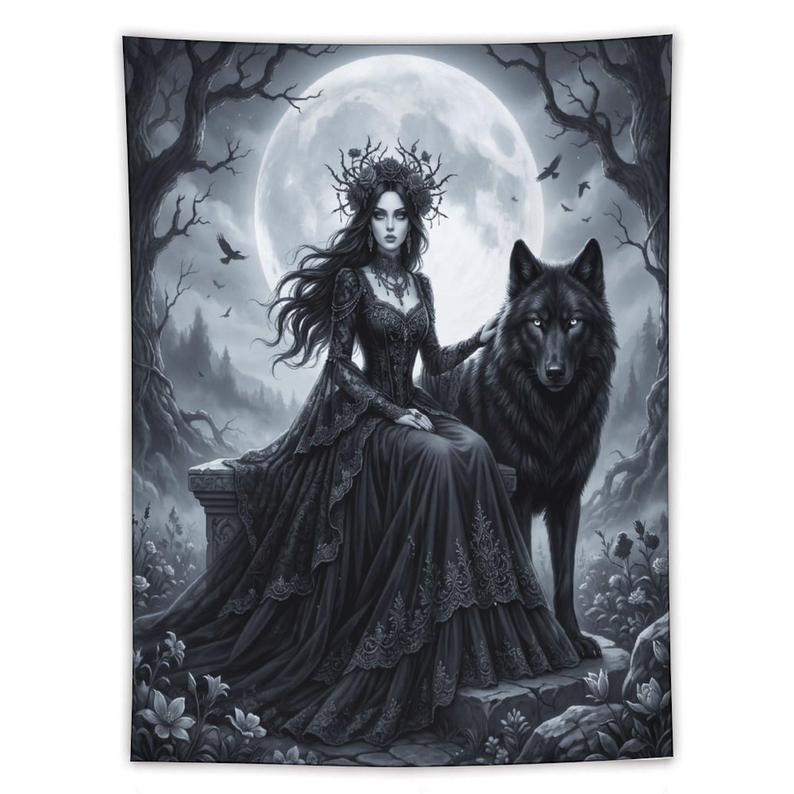 Moonlit Wolf Queen Wall Tapestry, Realistic Illustration, Dorm Room