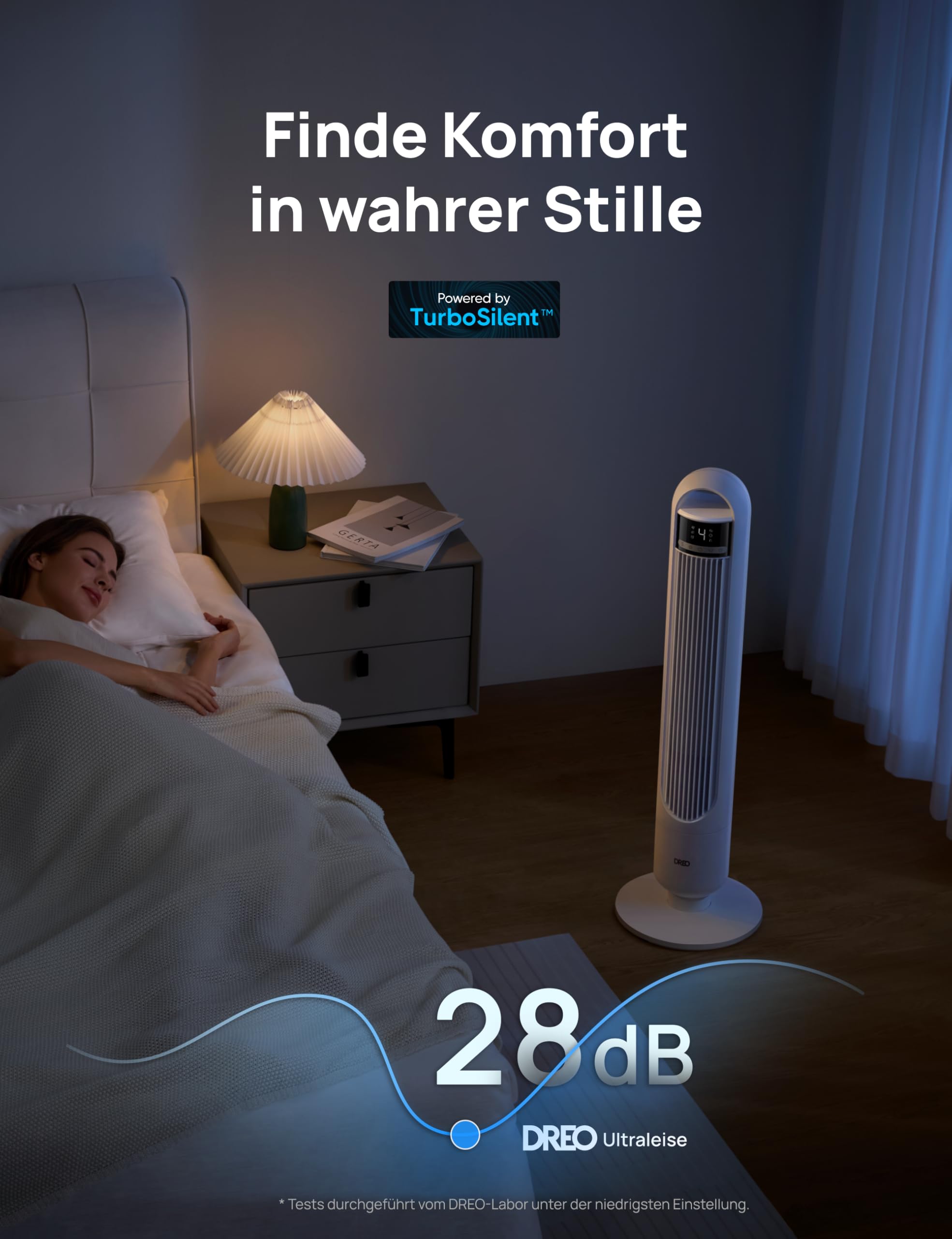 DREO Smart Turmventilator fürs Schlafzimmer, leiser Standventilator mit 28 dB, Luftreichweite bis 8,8 m, 4 Stufen & 3 Modi, 8 Std.-Timer, App, Alexa & Google, 90° Oszillation, für Zuhause/Büro