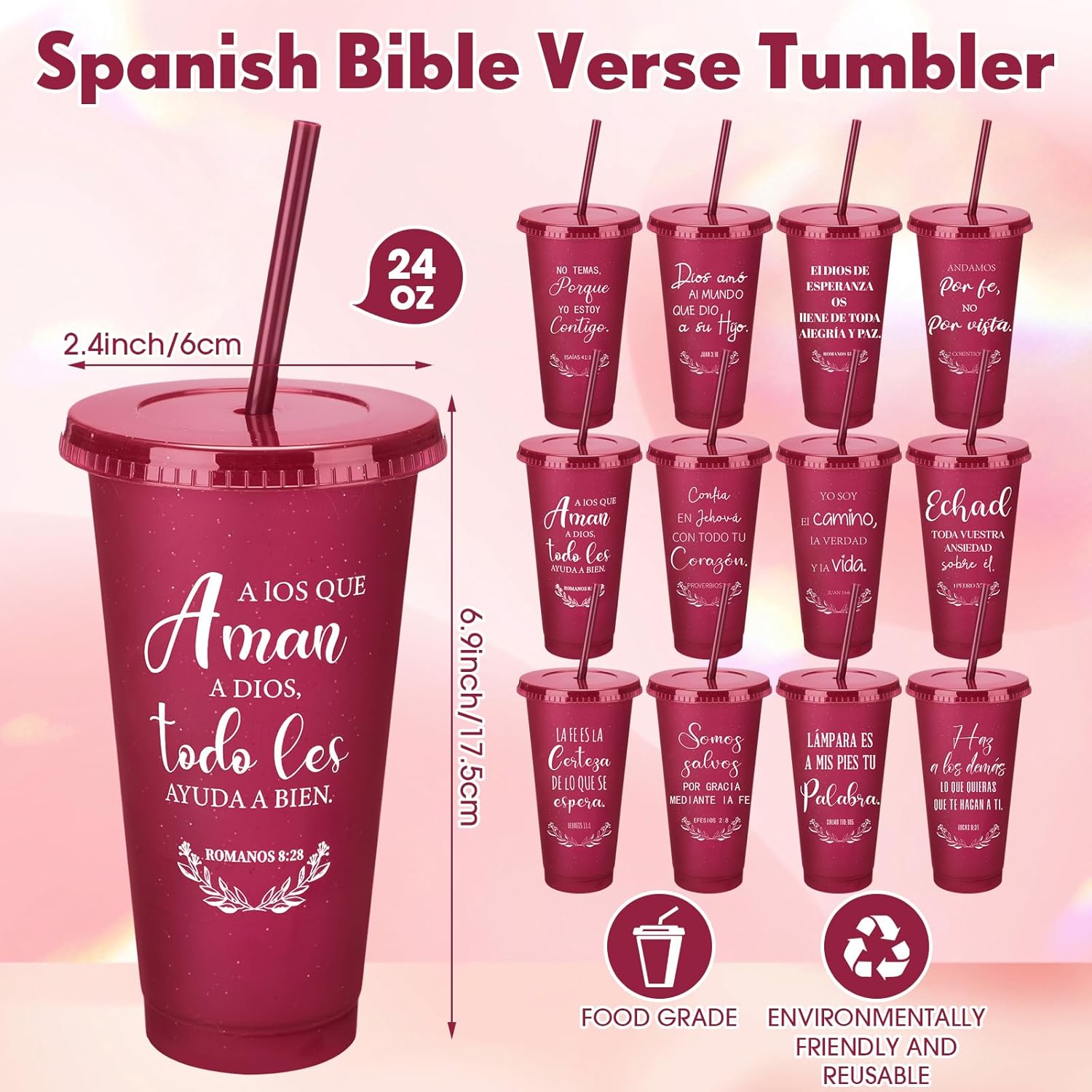 Funnymoom 24 Packs Christian Gift Bulk Inspirational Spanish Bible Verse Cup Gift Mother Day 24oz Religious Plastic Tumbler with Lid Straw for Church (Wine Red)