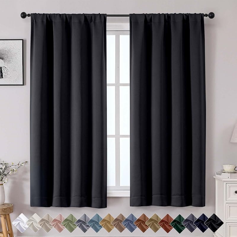 Sally Blackout Curtains for Bedroom 63 Inch Length 2 Panels Set, Solid Thermal Insulated Room Darkening Rod Pocket Privacy Window Treatment Curtains Blackout Drapes, W40 x L63 Inch, Black