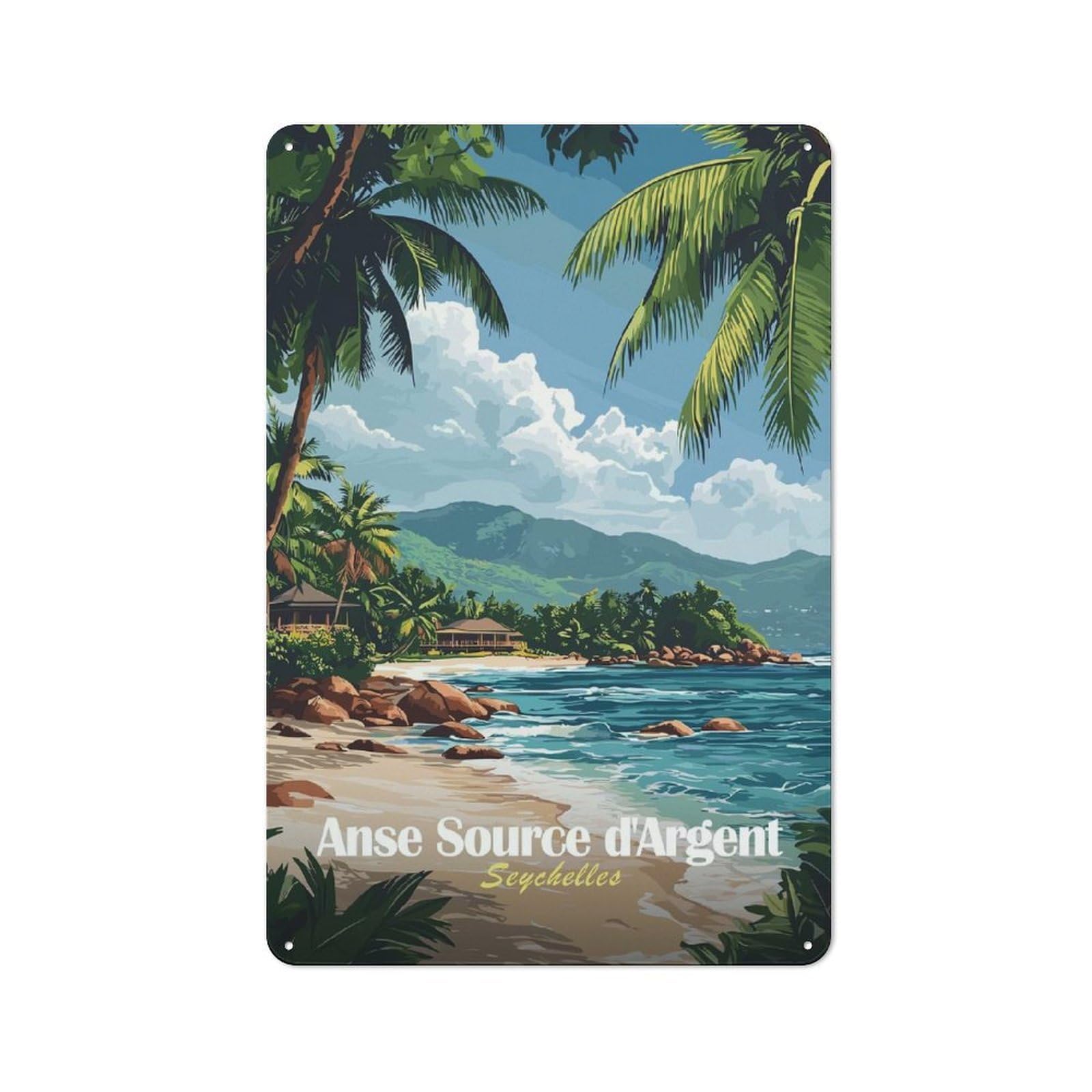 Junmoney Style-9 Anse Source Dargent Beach Tin Sign 30X20cm For Hallway Wall, Retro Wall Decor, Suited To New Home Decorators
