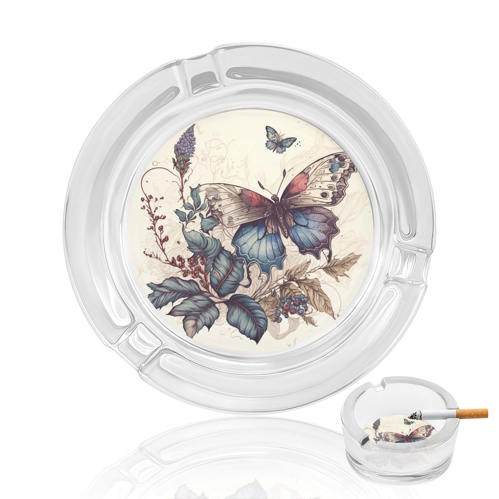 Watercolor-butterfly-de Glass Ashtray 3.3 Inch Round Cigarette Ash Holder with 4 Grooves for Home Office Outdoor One Size