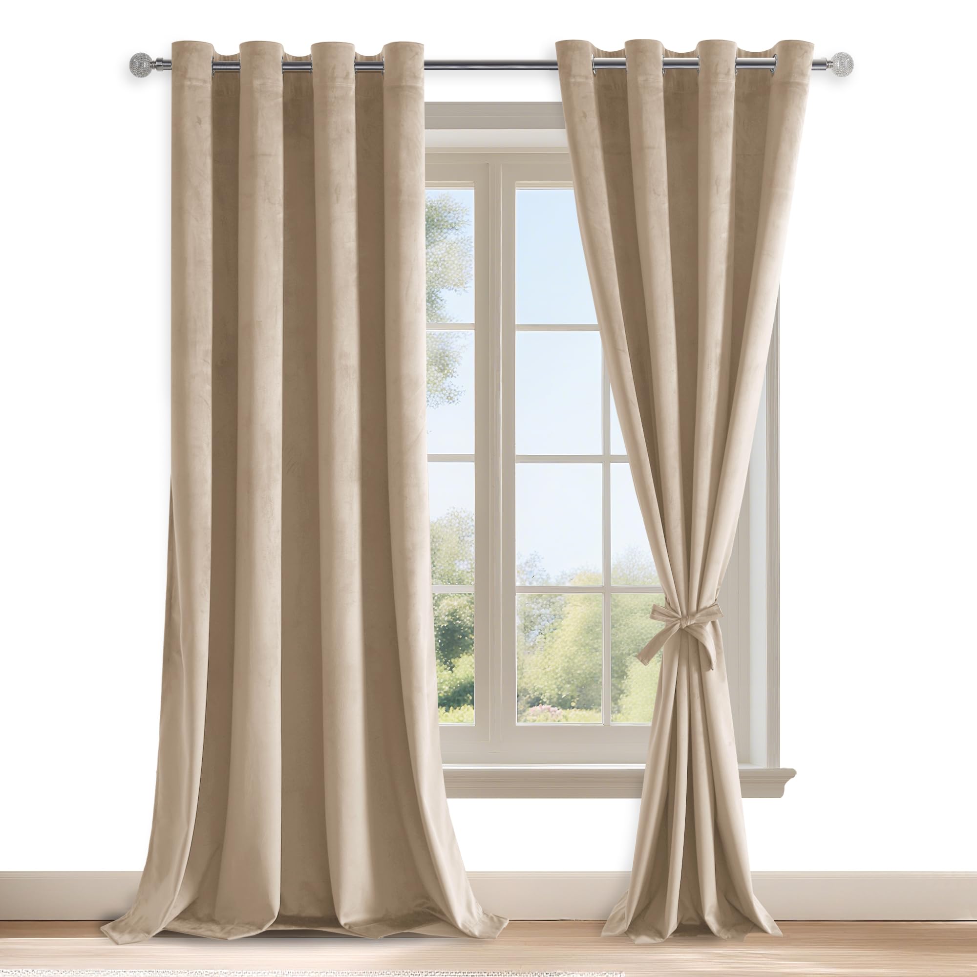 DWCN Hellbeige Samtvorhang Ösen 2er Set H245xB140cm mit Vorhang-Krawatten | Blickdichte Vorhänge Samt für Schlafzimmer Wohnzimmer, Weich Gardinen Verdunkelung Curtains Blickdicht Thermovorhang Winter