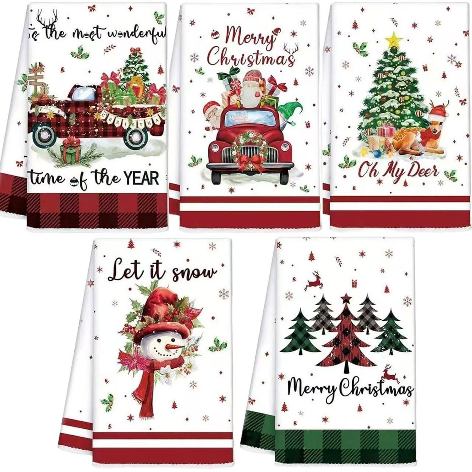 TASBER 5PCS Christmas Tea Towels,Christmas Tea Towels for kitchen, Winter Absorbent Dish Towel Housewarming Animal Decorative Hand Towel for Dining Home, Kitchen Decor (30 * 36cm)