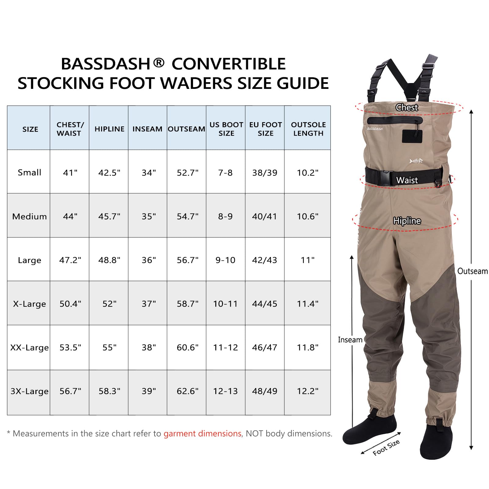 Bassdash Waders Respirants Convertibles Poitrine/Taille pour Pêche et Chasse à Pieds Chaussettes pour Hommes