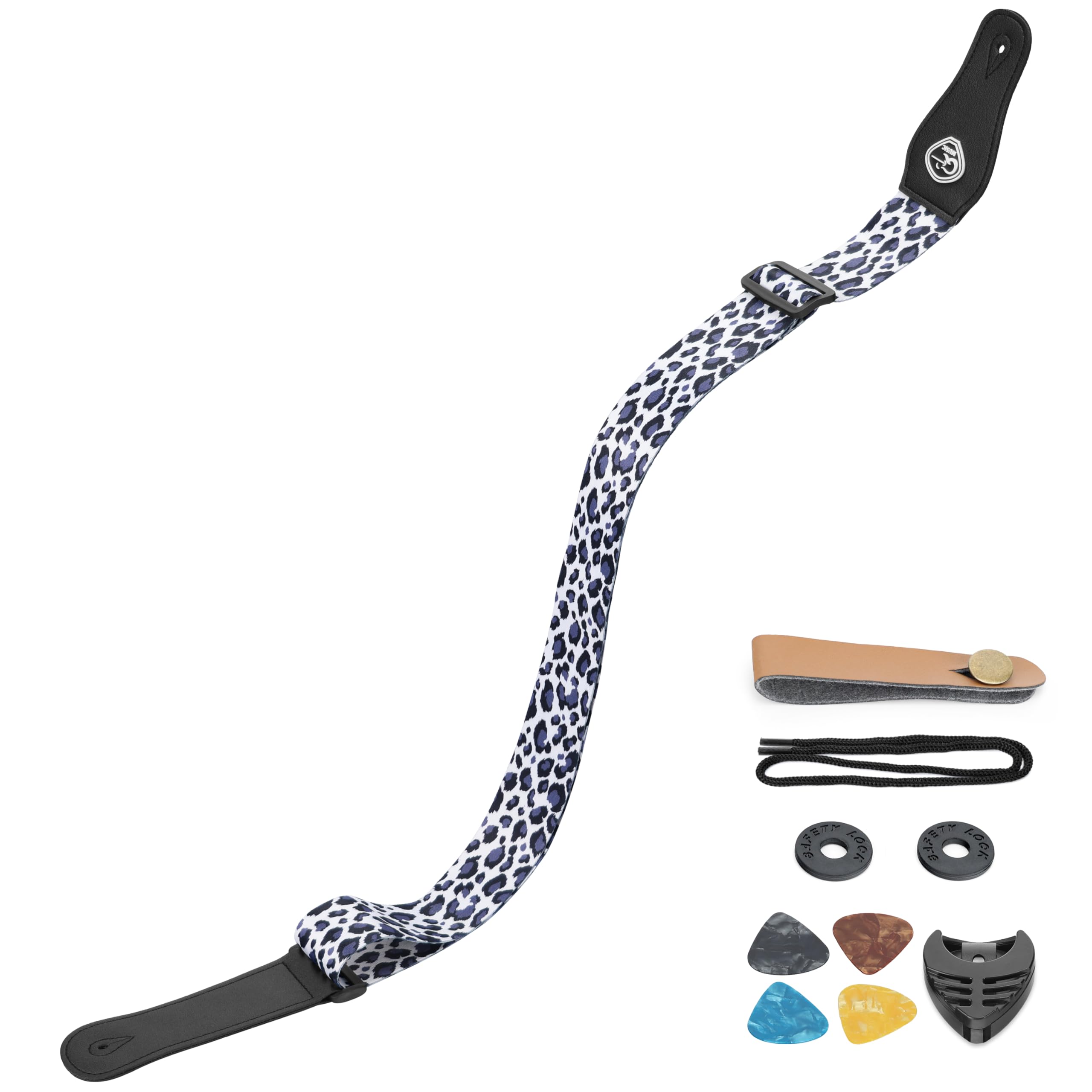 SUNYA Nylon Guitar Strap, Leopard Print, 5cm Wide with Full Grain Leather Ends, Includes Rubber Strap Locks and Picks, Adjustable 88-145cm for Acoustic, Electric, and Bass Guitars