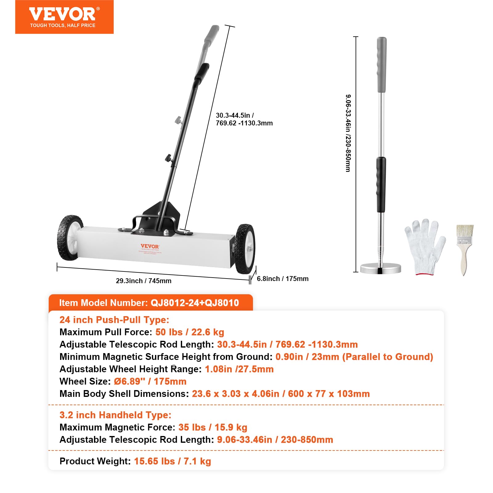 VEVOR Magnetkehrmaschine Magnetbesen, 61 cm / 8 cm magnetische Kehrmaschine, mit ausziehbarem magnetischem Aufnahmewerkzeug, 22,6 kg / 15,9 kg Tragfähigkeit, Kehrmaschine für Werkstatt, Garage, Hof