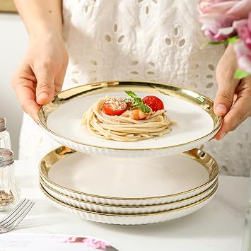 LETAOTAO Dinner Plates, 10 in Ceramic dinner Plate Set of 4 with gold trim