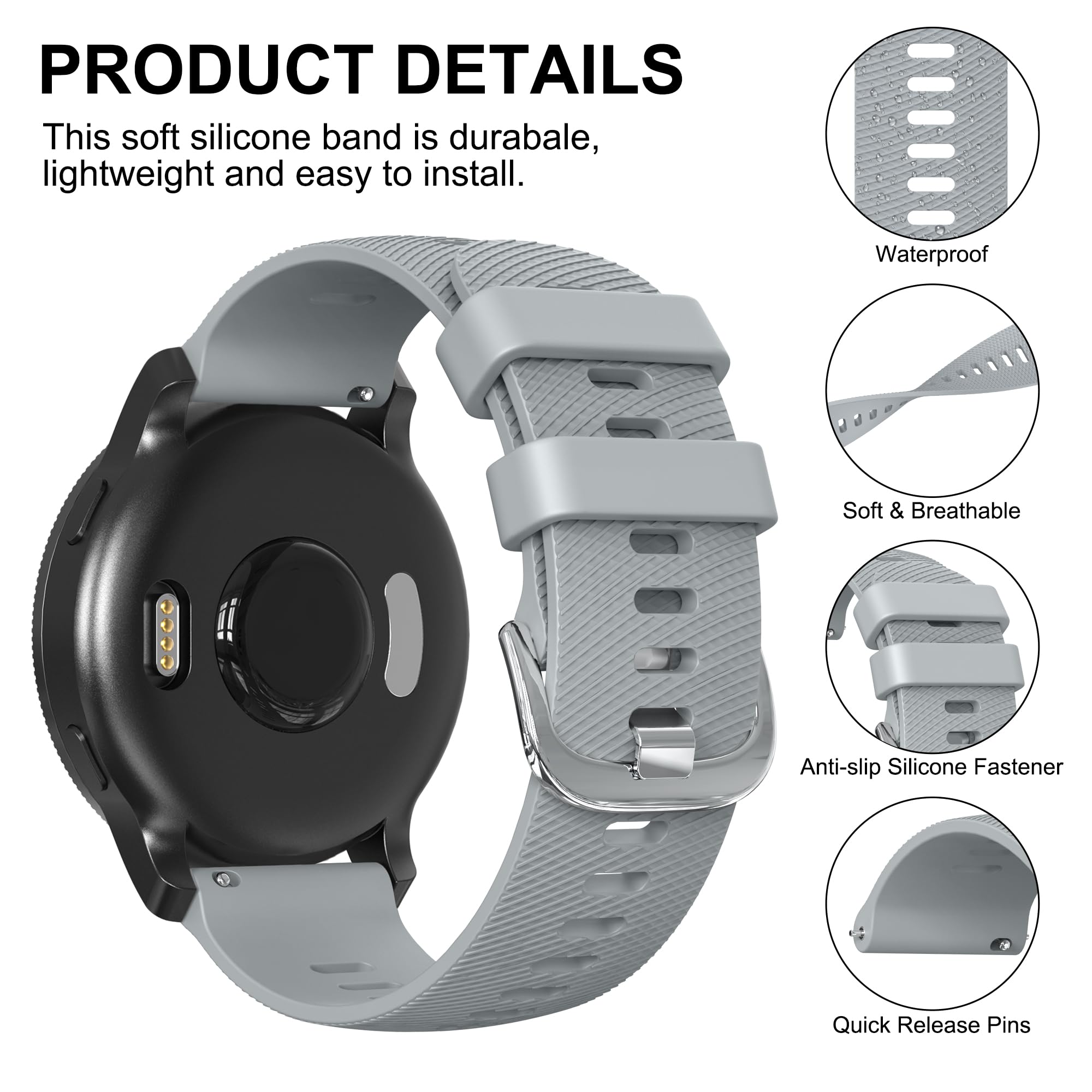 for Garmin Forerunner 255 Strap, 265 Strap, Venu 2 Strap/Venu 3 Strap/Vivoactive 4 45mm, 22mm Width Adjustable Soft Silicone Quick Release Band for 255/265 Music,Legacy Hero Strap (Grey) - Image 2