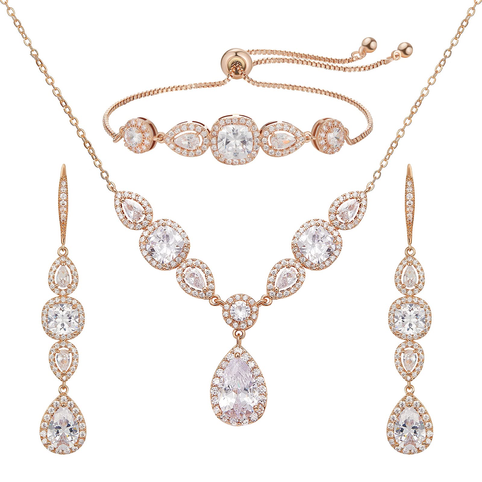 SWEETV Cubic Zirconia Bridal Jewelry Sets for Wedding, Crystal Necklace Dangle Earring Bracelet Jewelry Sets for Women, Rose Gold Prom Costume Jewelry Gifts (B0D8T8H9DY) Amazon Price History, Amazon Price Tracker