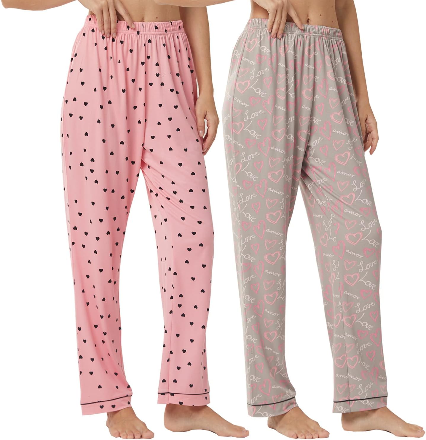 2 Pack Women's Pyjama Bottoms Heart Print Lounge Pants Comfortable Pjs Bottoms Soft Sleepwear Loungewear Trousers for Ladies