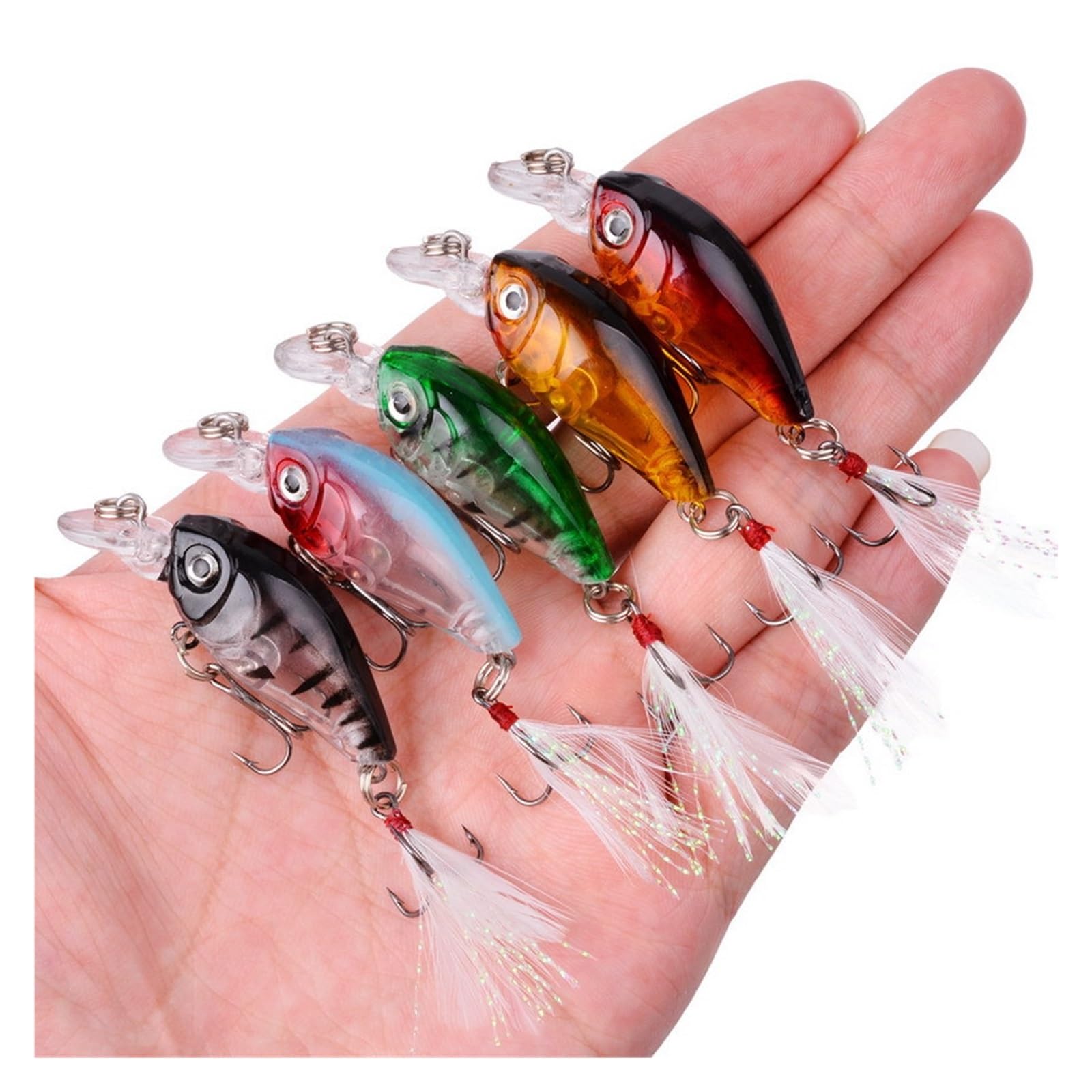 Przynęty wędkarskie, 3D Eyes Miękka przynęta wędka 5 sztuk Crankbait Fishing Lure 3.5g 45mm z piórkiem sztuczna twarda CrankBait Bass Wobbler Topwater Minnow przynęty na ryby