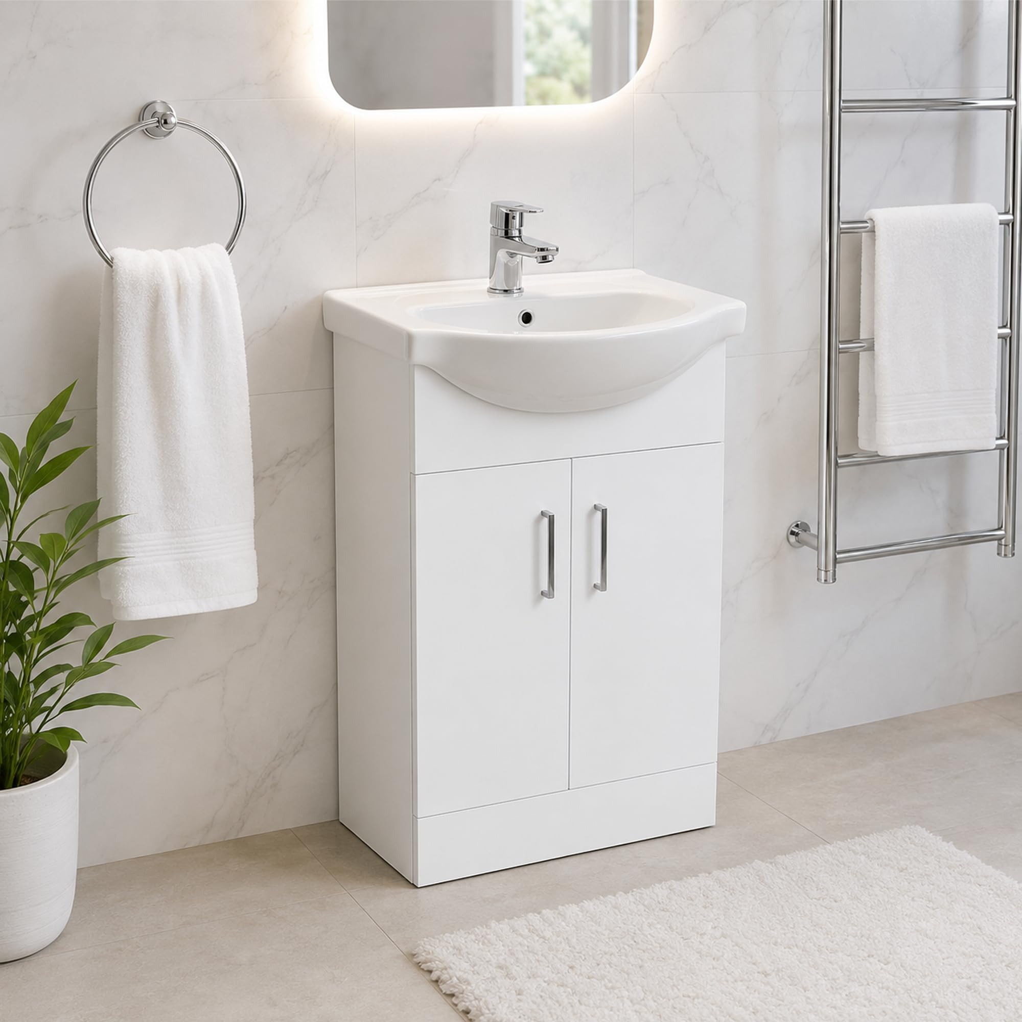 Built Right Bathroom Vanity Unit with Ceramic Basin, White Gloss Floor Standing PVC Bathroom Cabinet, Fully Assembled Soft Close Storage Unit No Tap and waste (550 Double Door)