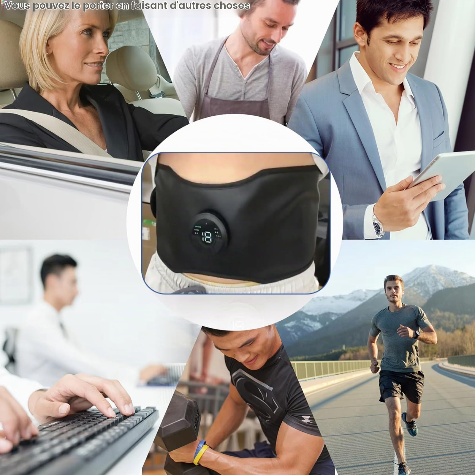 Ceinture d'électrostimulation musculaire EMS pour abdominaux et ceinture abdominale | 6 modes, 18 niveaux d'intensité, ceinture abdominale réglable de 118 cm | Appareil de fitness rechargeable par USB
