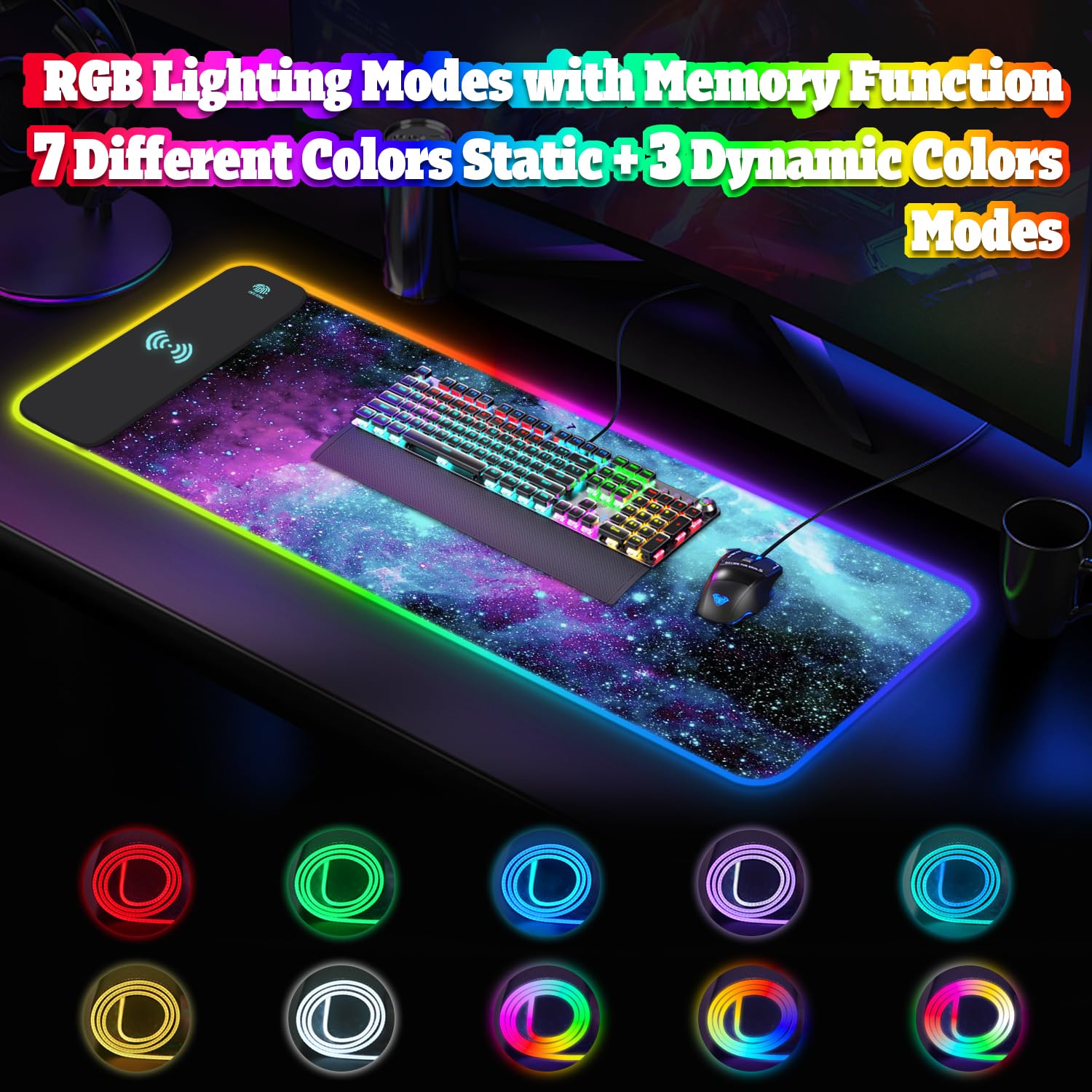 YQE Tappetino per mouse da gioco con ricarica wireless: tappetino da gioco RGB da 15 W per tastiera e mouse, grande tappetino LED con luce a 10 colori, base in gomma antiscivolo per giochi, PC, laptop