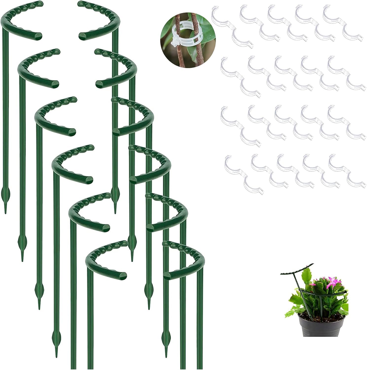 12 Pack Plant Support for Indoor and Outdoor Small Plants，Half Round for Potted Plants, Plastic Ring Flower Stakes with 20Pcs Plant Garden Clips