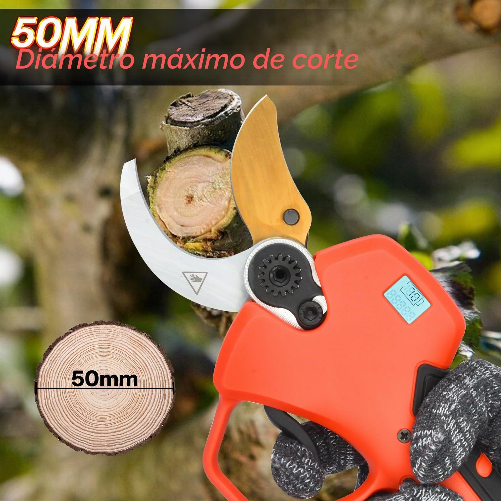 Tijeras de Podar Eléctricas, 50mm Tijeras De Podar Bateria con Display, Baterías 2x2000mAh, Tijera Podar Profesionales 800W con Motor Brushless para Jardinería, Árboles Frutales, Viñedos