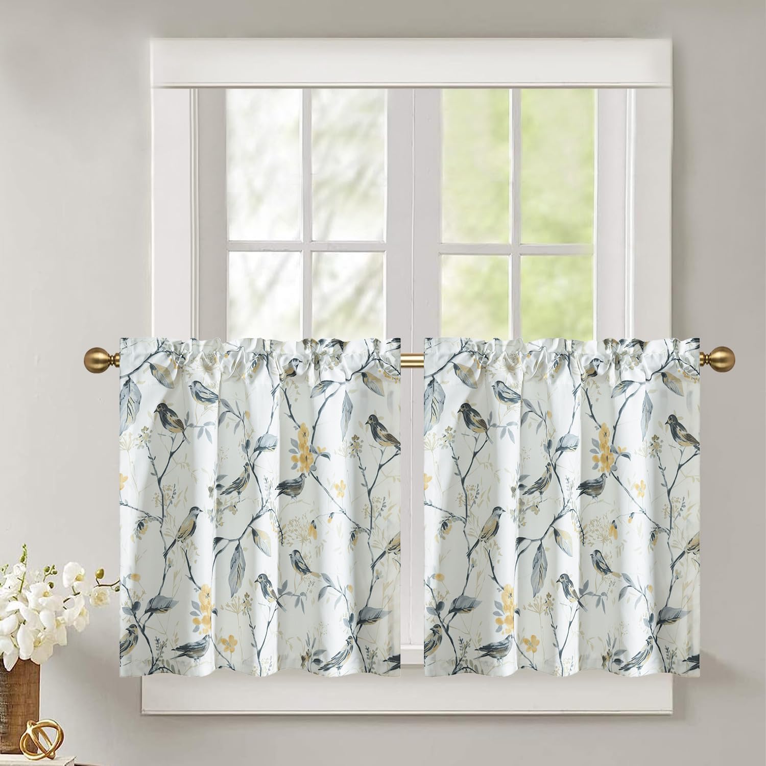 Leeva Farmhouse Style Linen Textured Short Window Treatment, Elegant Grey Birds Curtain Tiers for Bathroom Living Room Cafe, 2 Panels Set, 29 x 30 Inch