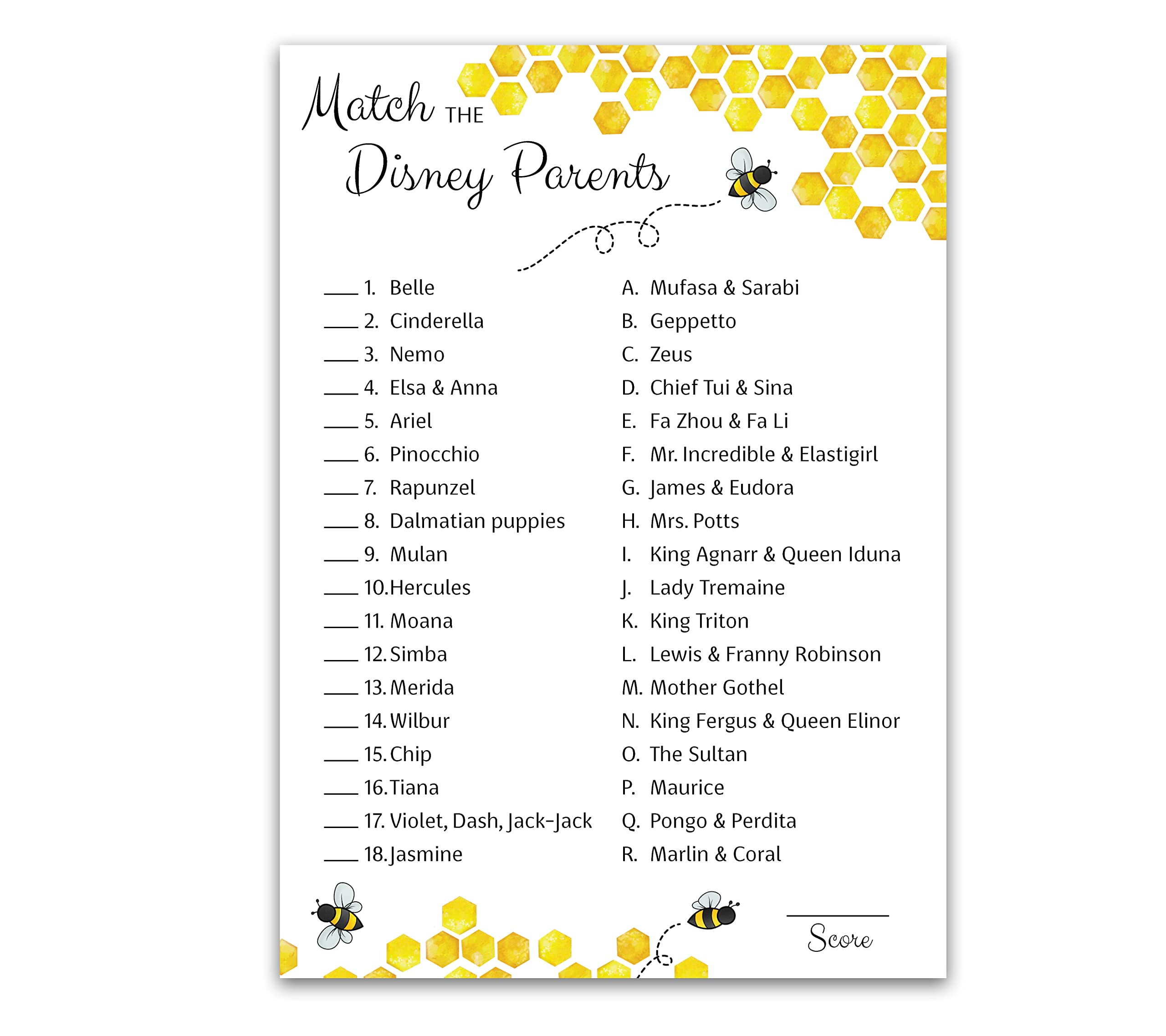 Bumble Bee Baby Shower Game — DISNEY PARENT MATCH Games — Pack of 25 — Mommy to bee, Match Famous Disney Parents Fun Activity, Yellow Honeybee Bumblebee theme Disney Star Kids Match Game G620-DPM