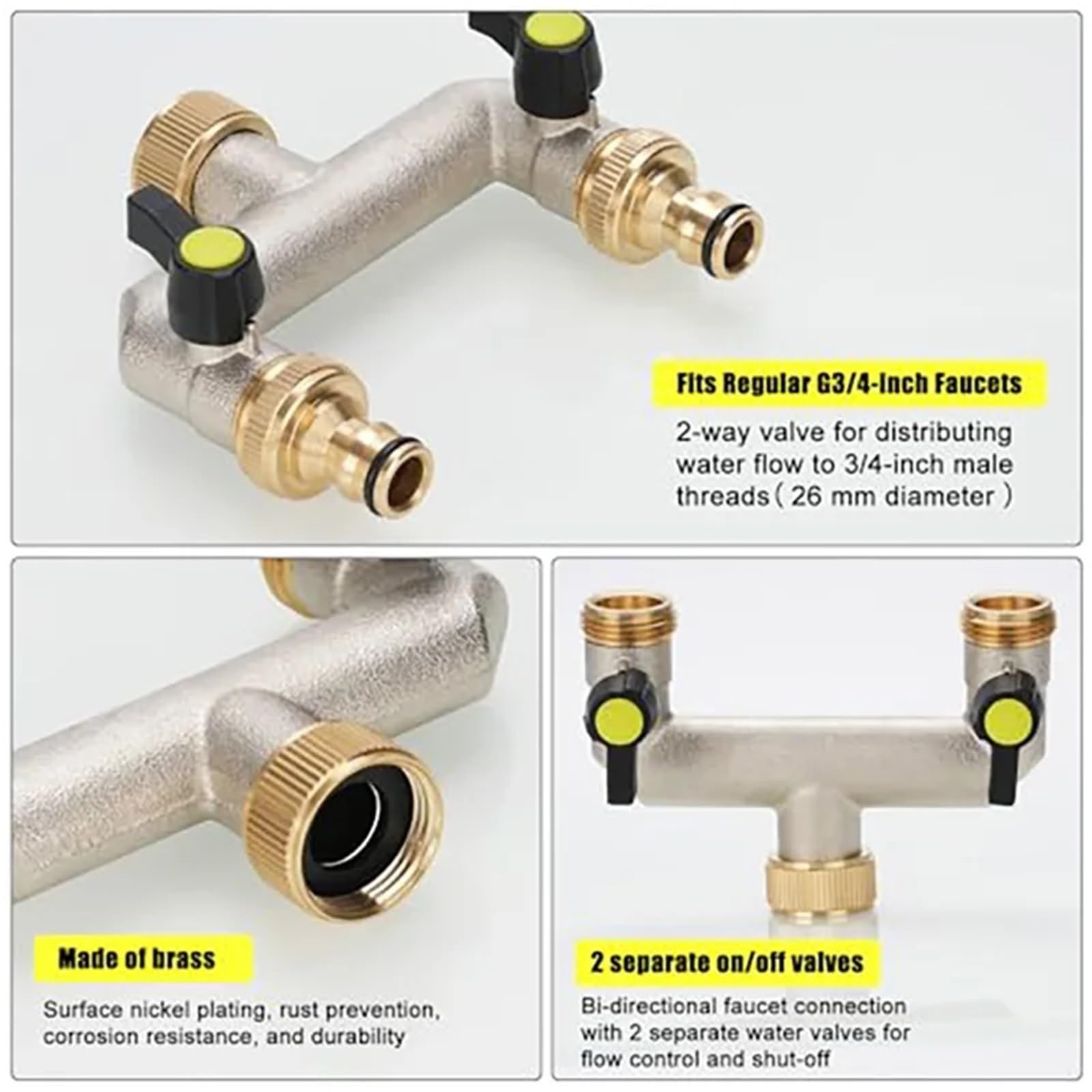 Raccordo Doppio per Tubo Flessibile, Sdoppiatore for Tubo bidirezionale da 3/4 Pollici in Lega di Zinco, Acciaio Inossidabile, Ottone, Cura del Prato Giardino