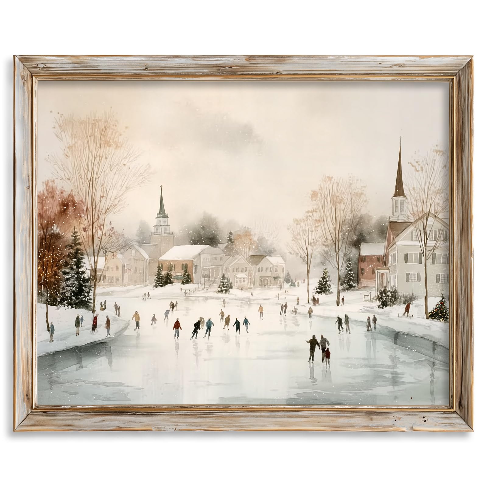 Vintage Winter Ice Skating Town Print Rustic Holiday Village Wall Art Snowy Landscape Seasonal D cor Unframed Fine