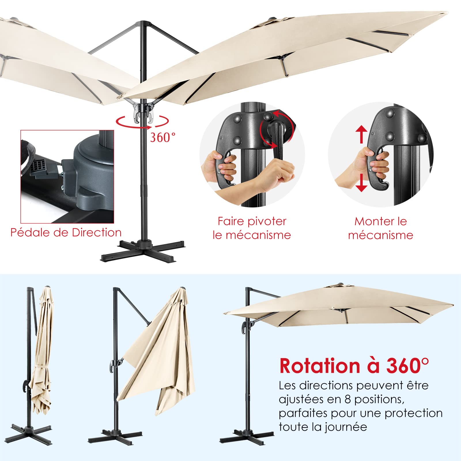 COSTWAY Parasol de Jardin Extérieur, Parasol Déporté Carré 3x3M à Manivelle, Inclinable et Rotation à 360°, 8 Baleines, Toit Double Ventilation Protection UV, pour Terrasse, Patio, Balcon, Beige