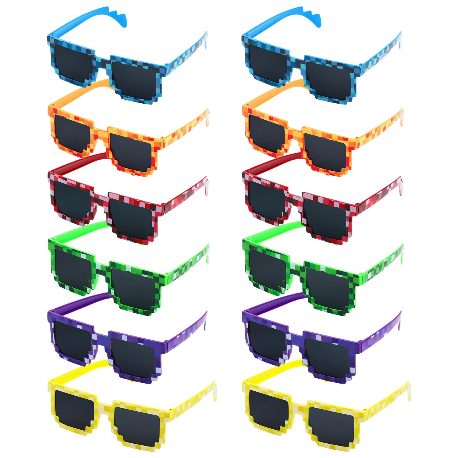 CCINEE 12Pack Pixel Sunglasses Assorted Color Miner Party Favors Pixel Glasses Retro Gamer Sunglasses Pixelated Eyewear for Kids Adults Boys Girls Birthday Party Supplies