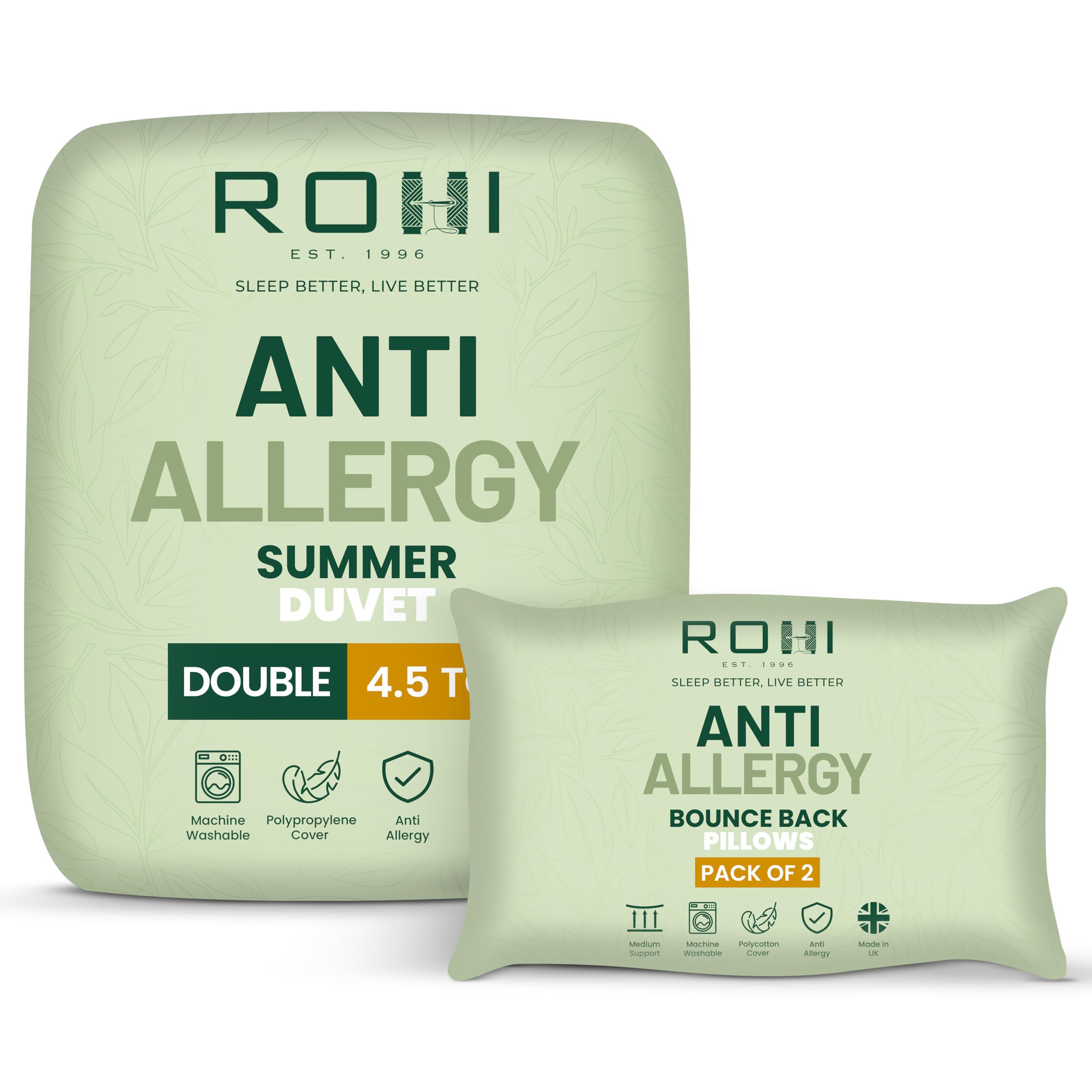 Rohi Anti-Allergy Double Duvet 4.5 Tog with 2 Deluxe Pillows – Lightweight – Comfort Cool Summer Duvet – Soft & Breathable Corvin Quilt
