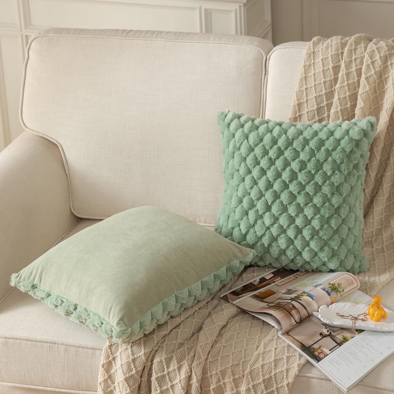 Mandioo Pack of 2 Sage Green Super Soft Plush Decorative Cushion Covers 26x26 inch 65x65 cm Wool Velvet Throw Pillow Covers cases Faux Fur fluffy Couch Sofa Bed Livingroom - Image 3