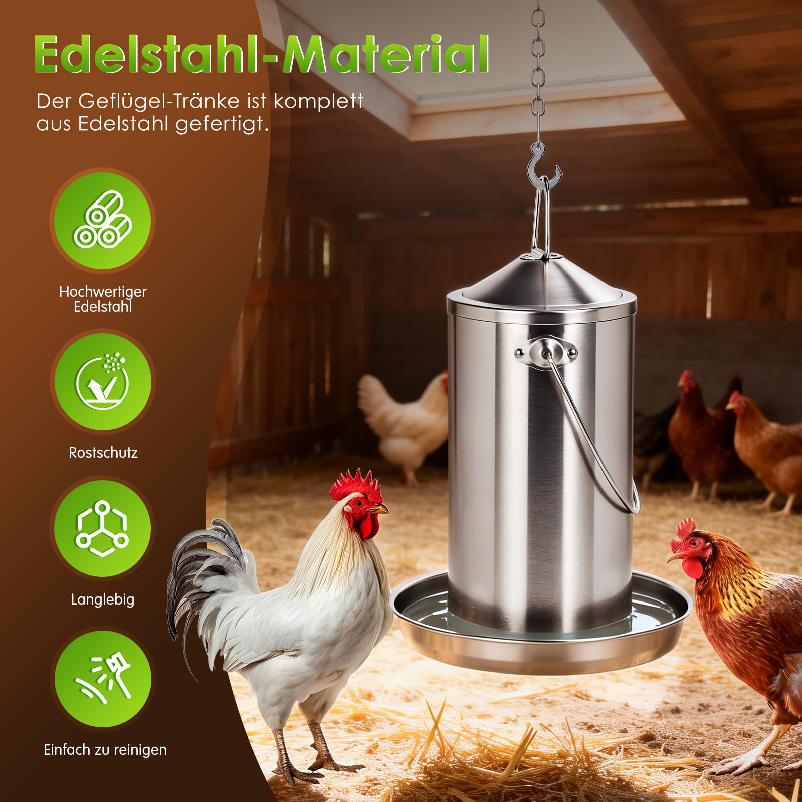 4-Liter-Tränke aus Edelstahl 304 für Hühner, automatischer Wasserspender für Geflügel mit Schwerkraftnachfüllung, hängender oder stehender Trinkbrunnen für Hühner, Enten, Tauben und Gänse