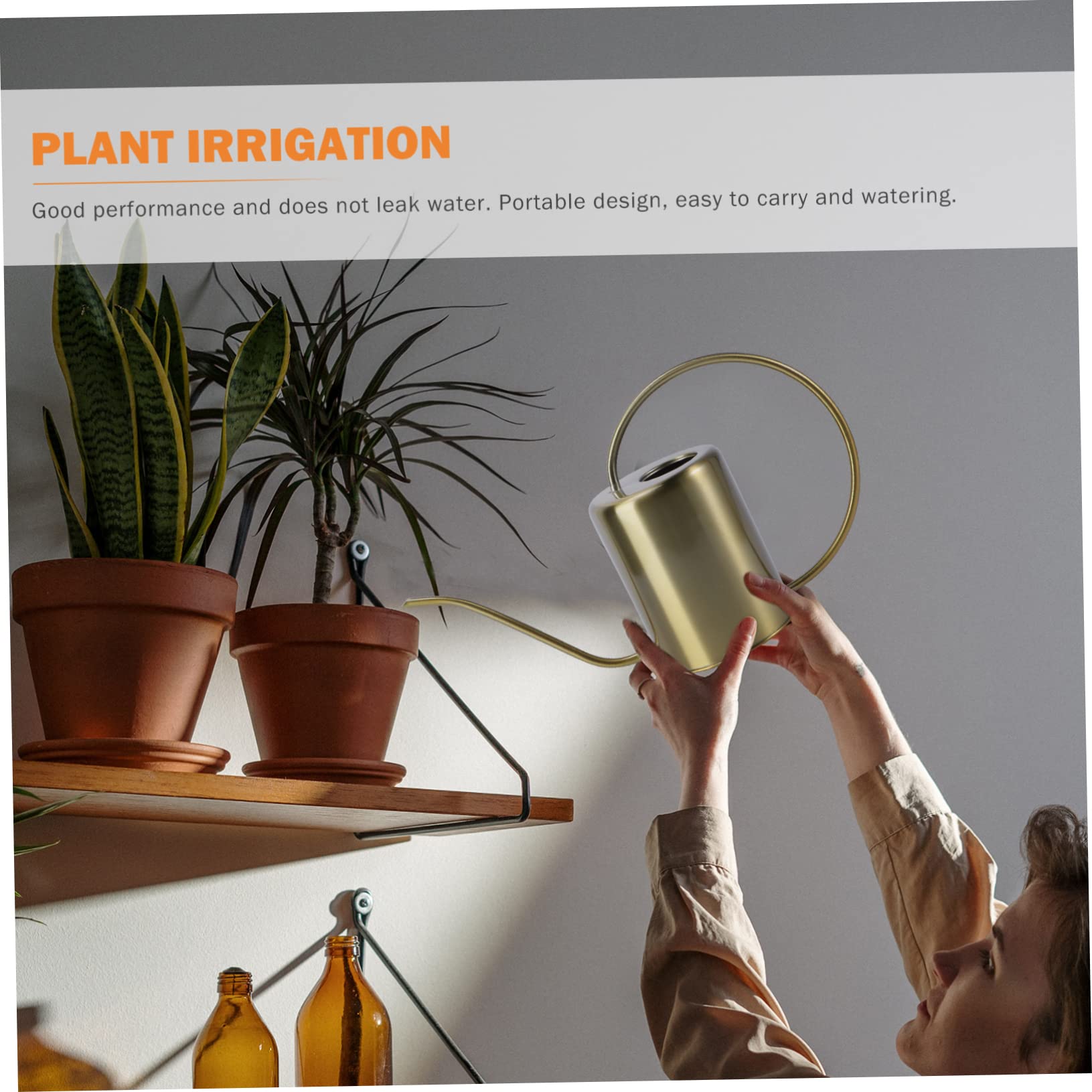 Annaffiatoio senza Perdite in Acciaio Inox Oro Beccuccio 2000ml Manico Ergonomico, Antiruggine per Giardino e Casa