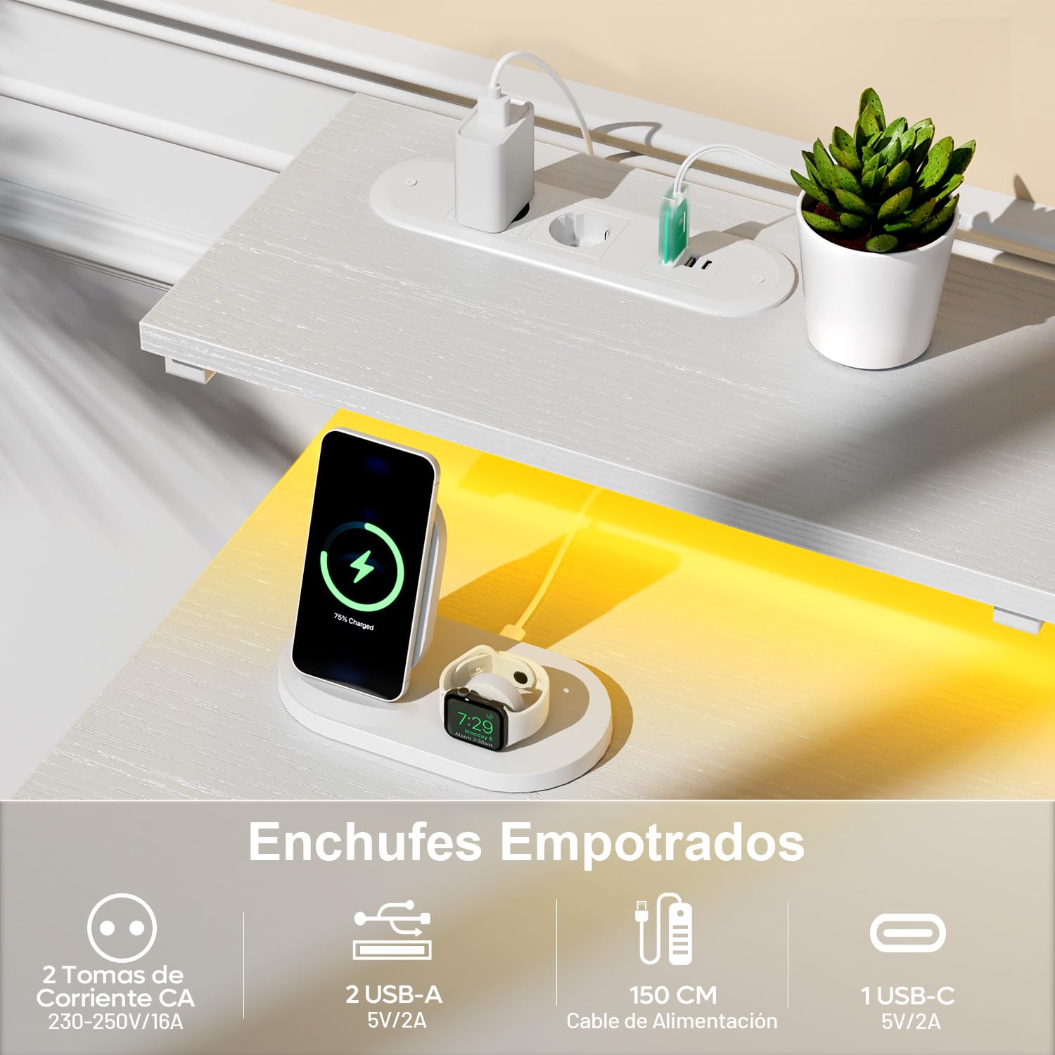 HLFURNIEU Escritorio con 8 Cajones de Tela, 120 × 50 cm Mesa Gaming LED con Enchufes & Puertos USB, Mesa Gamer con Soporte para Monitor, Escritorio Ordenador para Juegos y Oficina en Casa, Blanco | Toma integrada, puerto USB, almacenamiento, soporte de mo
