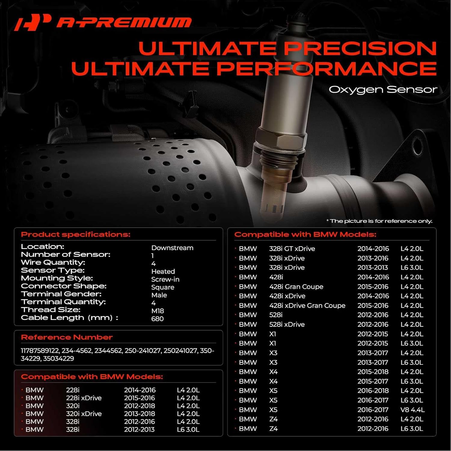 A-Premium O2 Oxygen Sensor Compatible with BMW X1 2013-2015, X3 2011-2016, Z4 2012-2016, 528i 2011-2016, 328i 2012-2016, 320i 2013-2016, 228i 2014-2016, 428i 2014-2016, Downstream